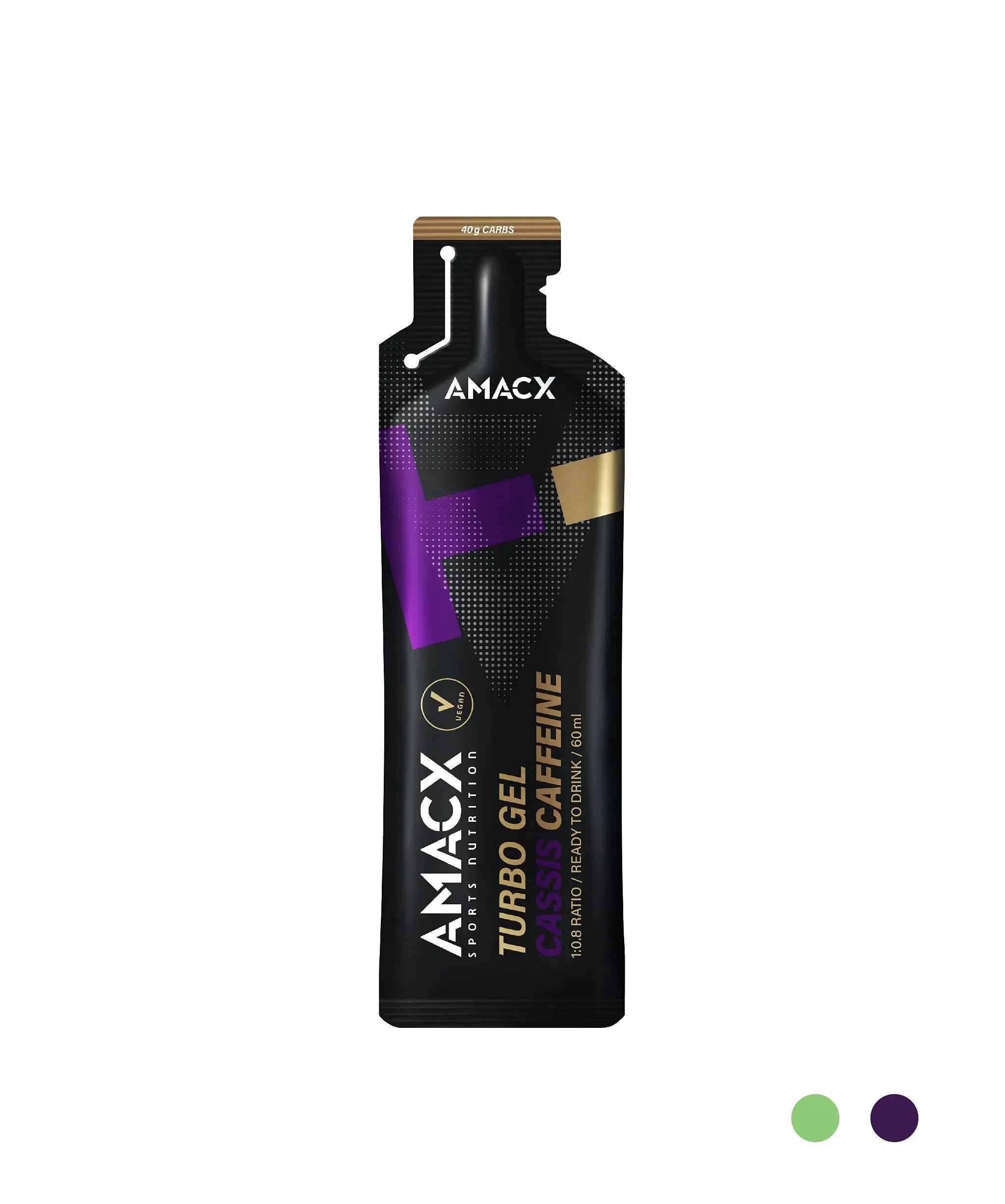 AMACX Turbo Gel Cassis Caffeine sports nutrition gel pouch, black with purple and gold accents