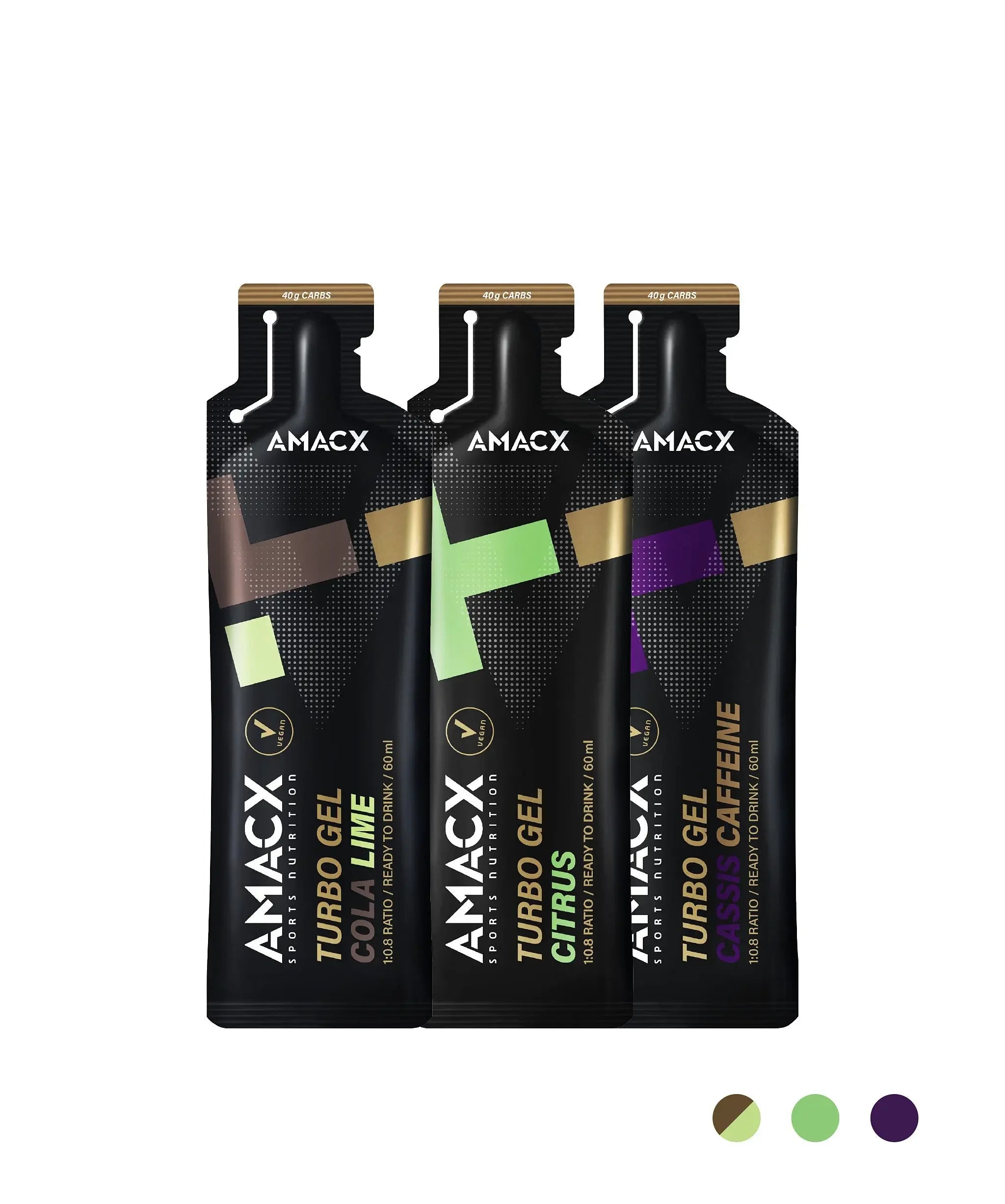 Three AMACX Turbo Gel energy gel packets in cola lime, citrus, and cassis caffeine flavors