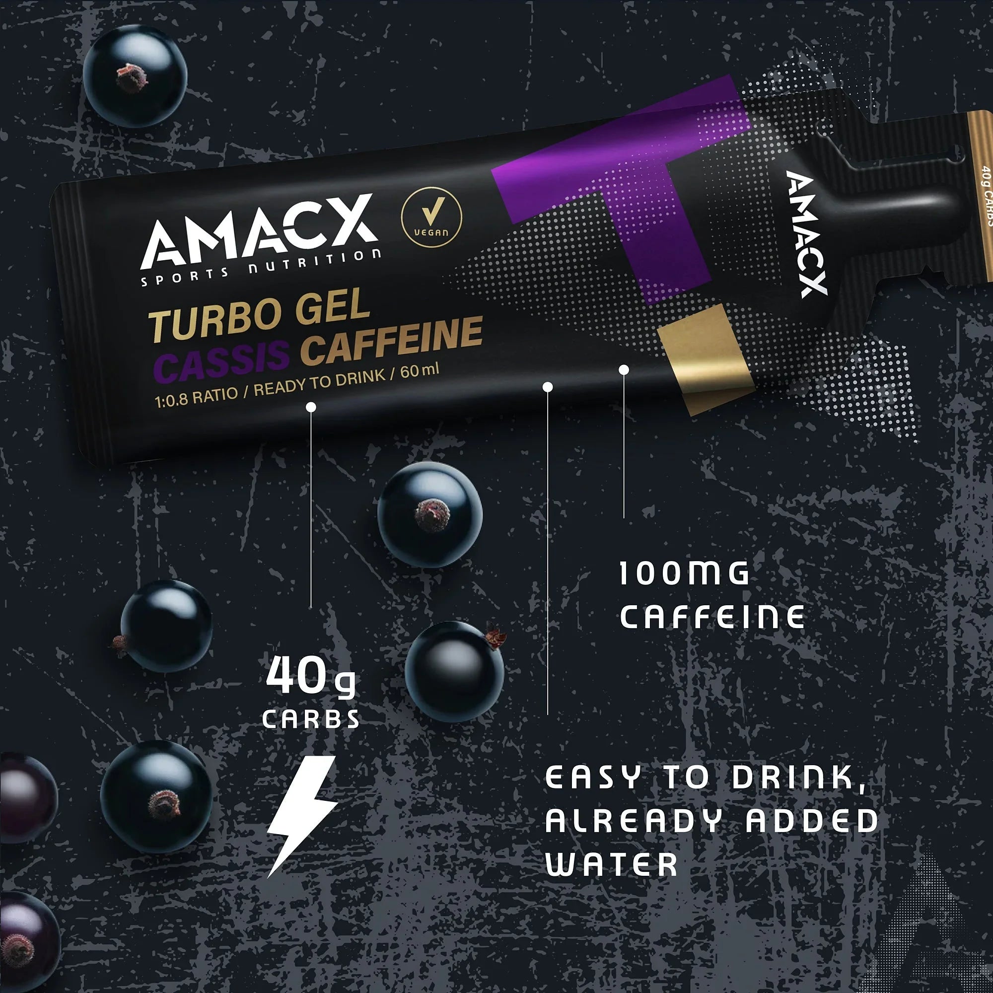 AMACX Turbo Gel Cassis Caffeine sports nutrition packet with blackcurrants, 100mg caffeine, 40g carbs