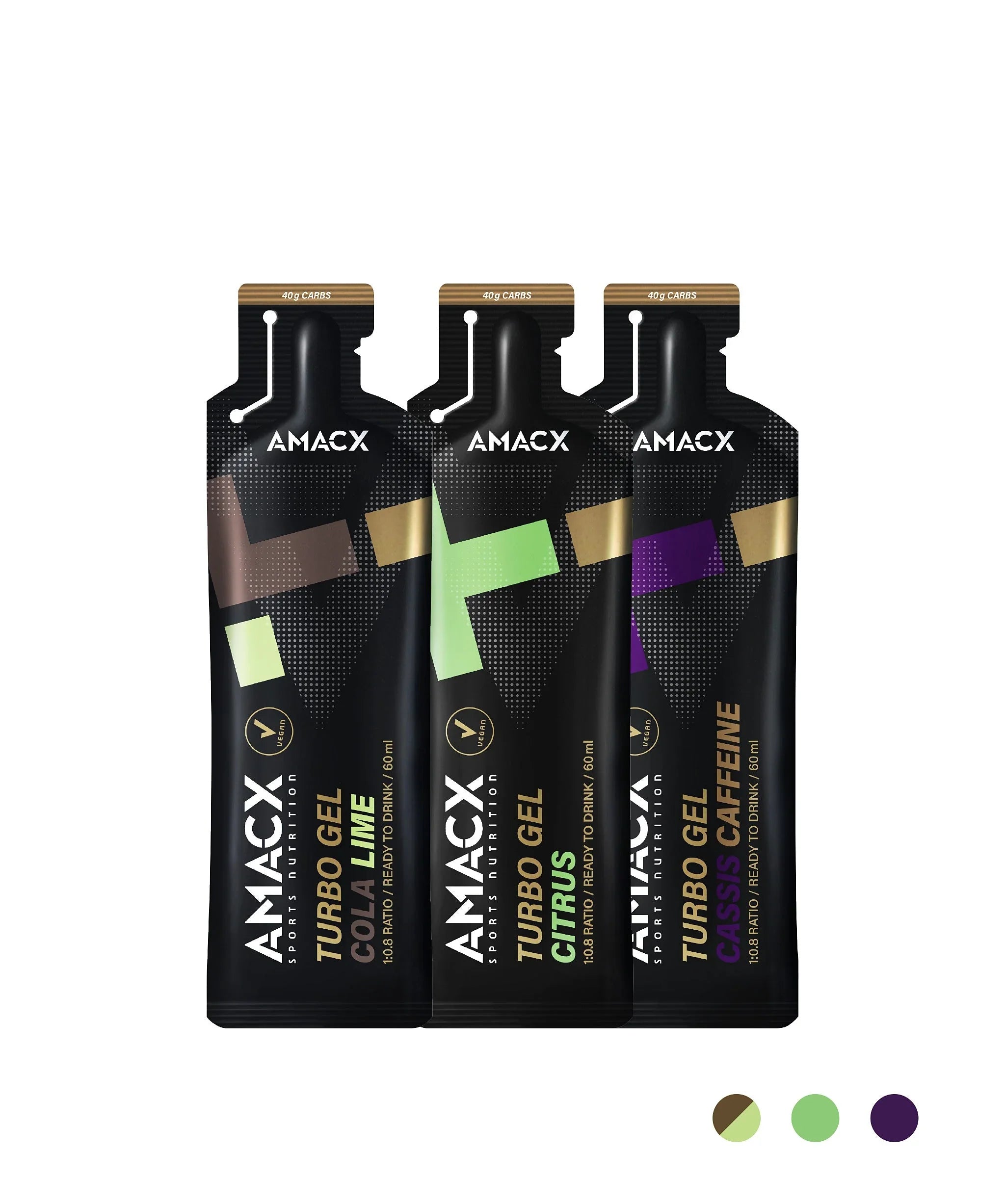 AMACX Turbo Gel energy gel packets in Cola Lime, Citrus, and Cassis Caffeine flavors.