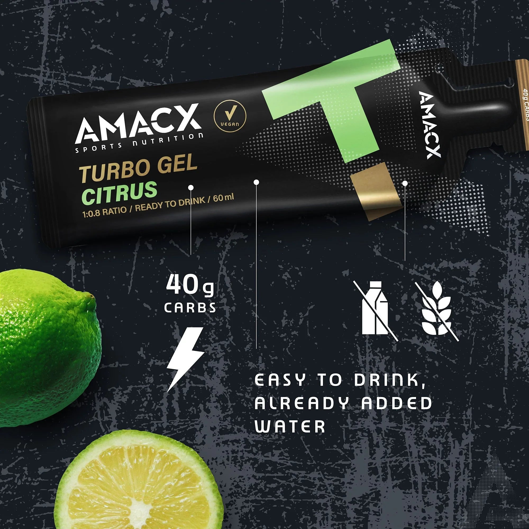 AMACX Turbo Gel Citrus energy gel sachet, lime and citrus slices, 40g carbs, vegan, ready to drink.
