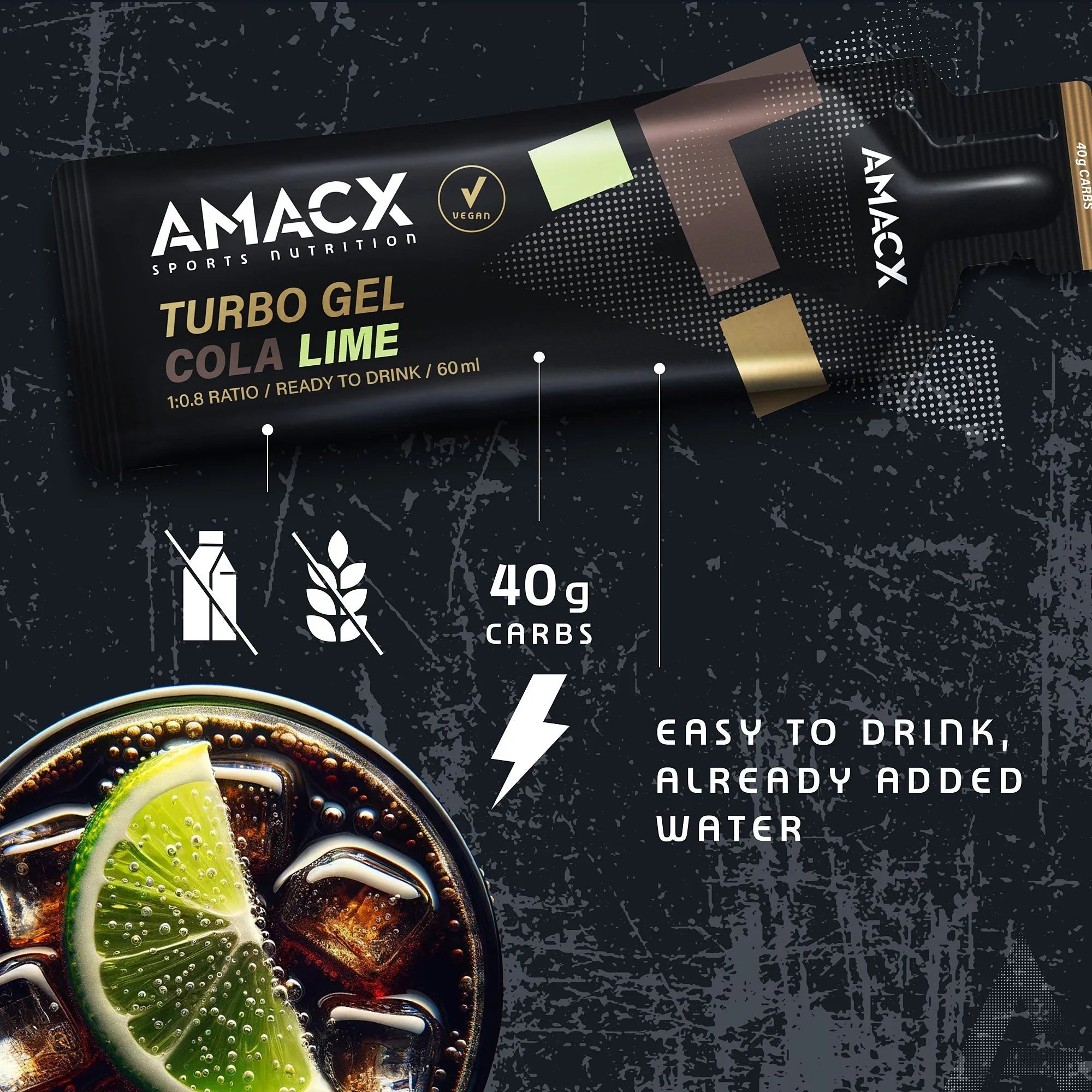 AMACX Turbo Gel Cola Lime sports gel packet, cola lime drink with lime slice, vegan, 40g carbs.
