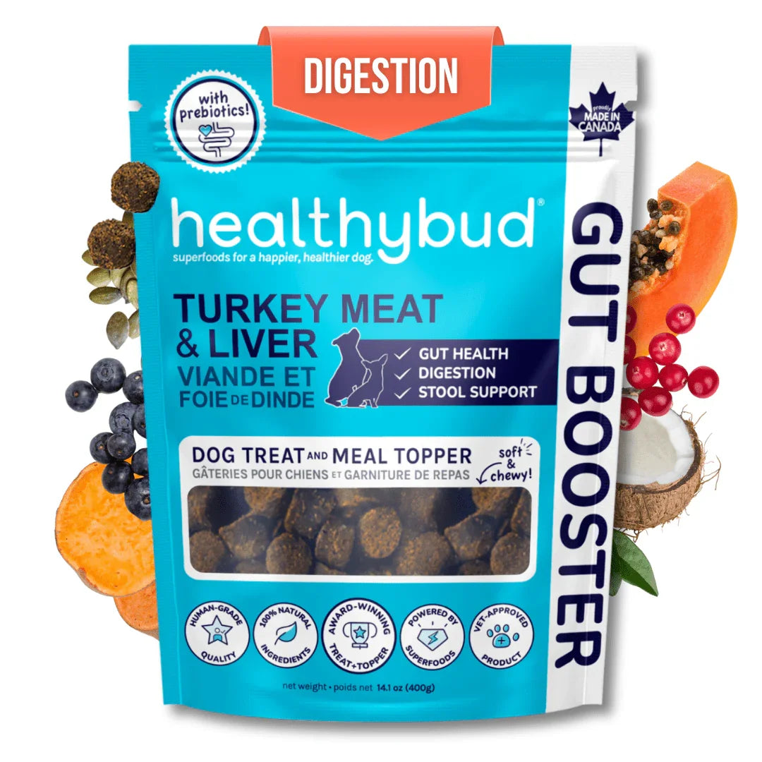 healthybud turkey meat and liver gut booster dog treat and meal topper pouch with fruits