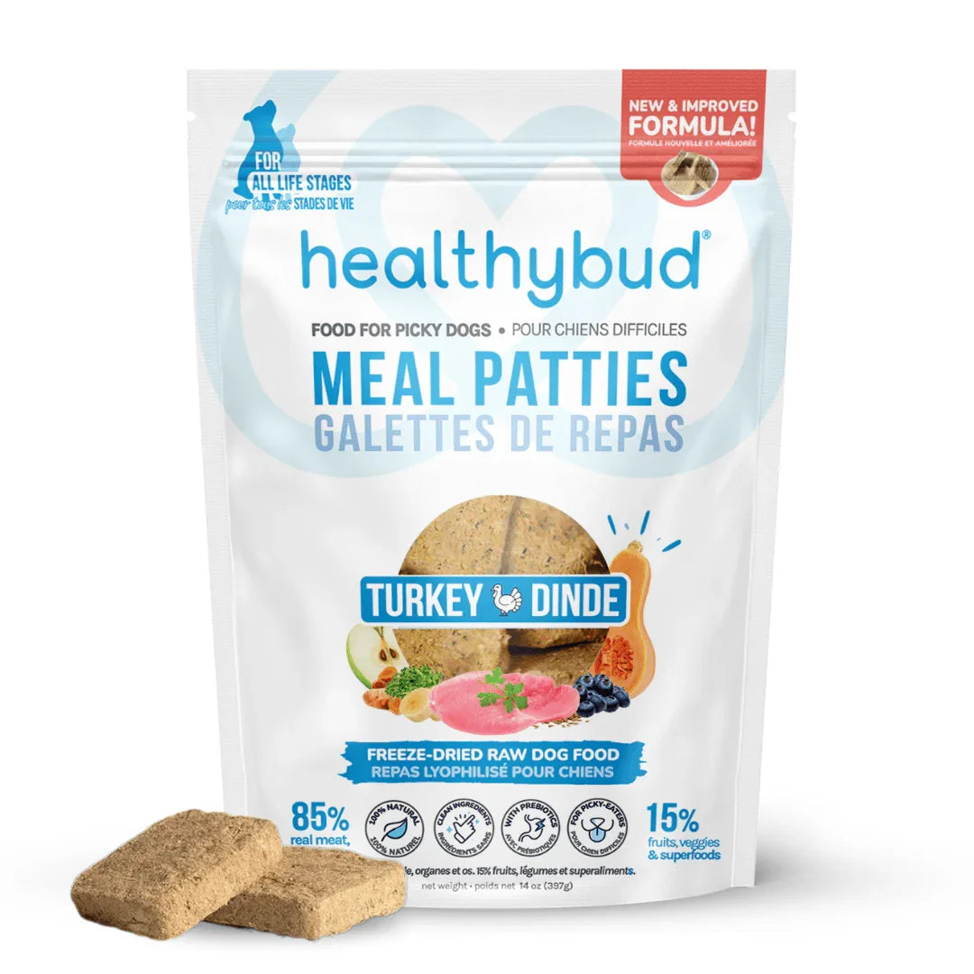 Healthybud turkey meal patties freeze-dried raw dog food pouch with patties in front