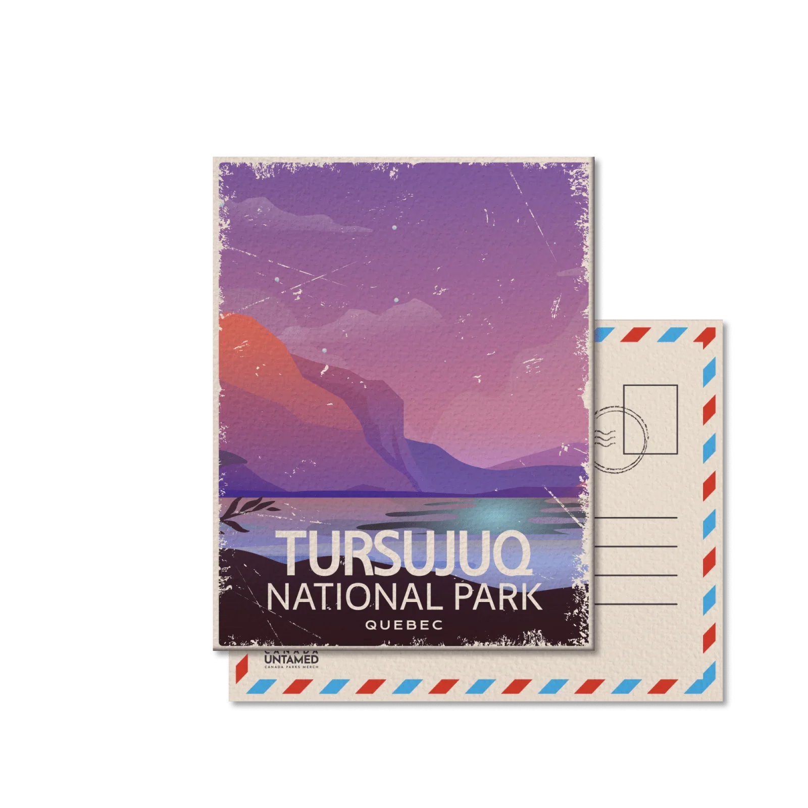 Tursujuq National Park Quebec postcard with colorful mountains and lake illustration