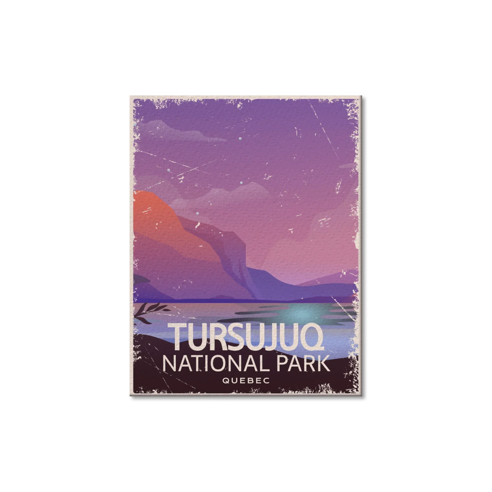 Tursujuq National Park Quebec postcard with purple mountains and lake at sunset
