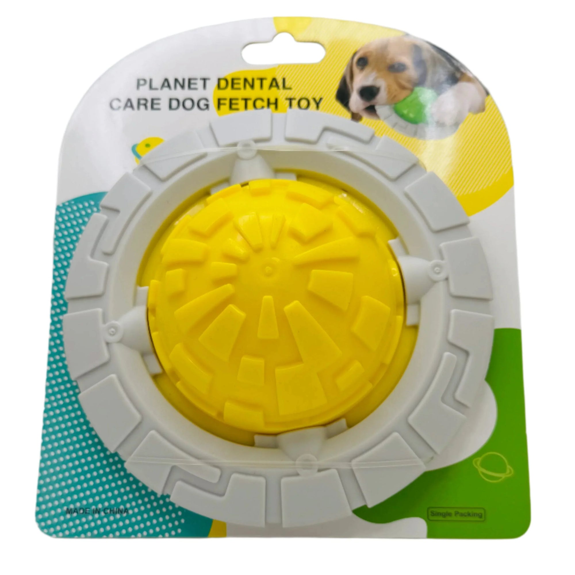 Yellow and gray planet dental care dog fetch toy in retail packaging with dog photo