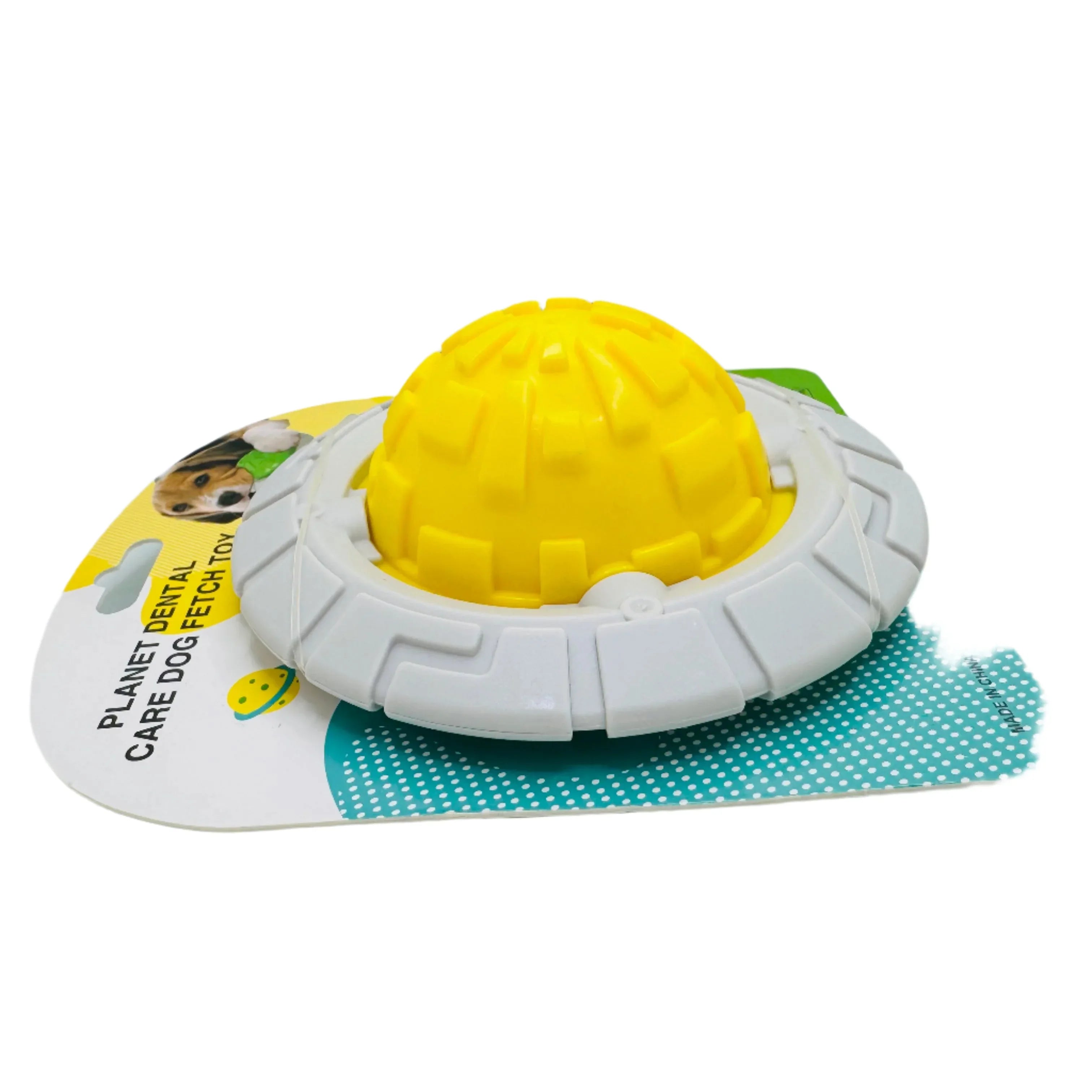Yellow and gray planet-shaped dog dental care fetch toy on retail packaging
