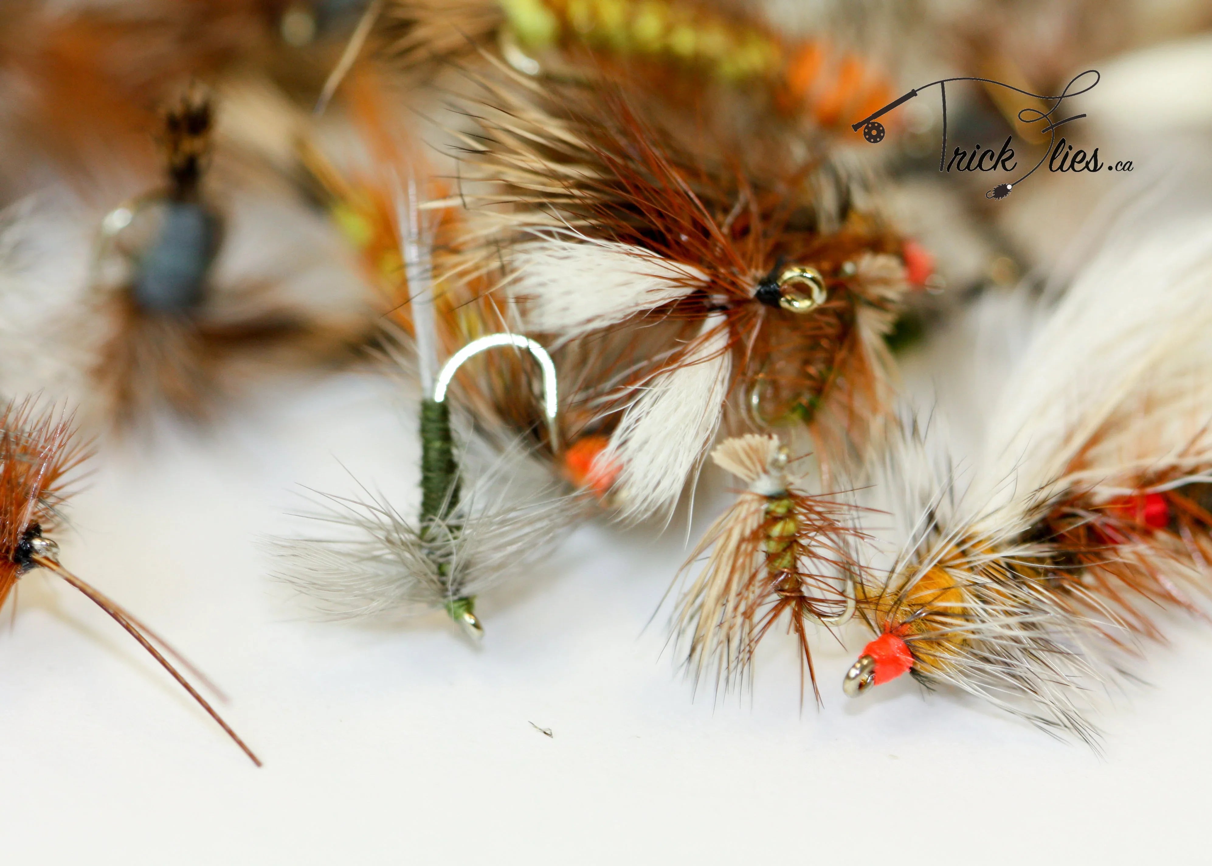 Assorted colorful fly fishing lures with feathers and hooks on a white background