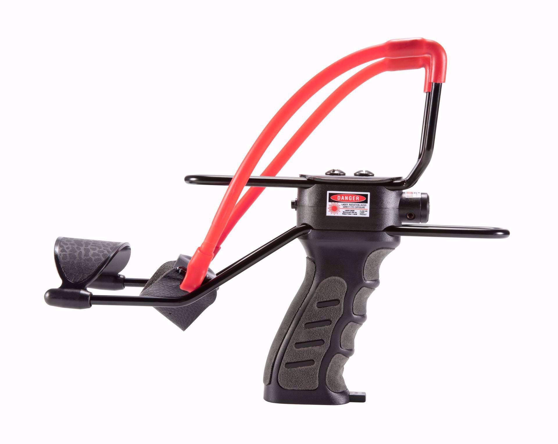 Black UX X-Shot slingshot with laser sight and red bands on white background