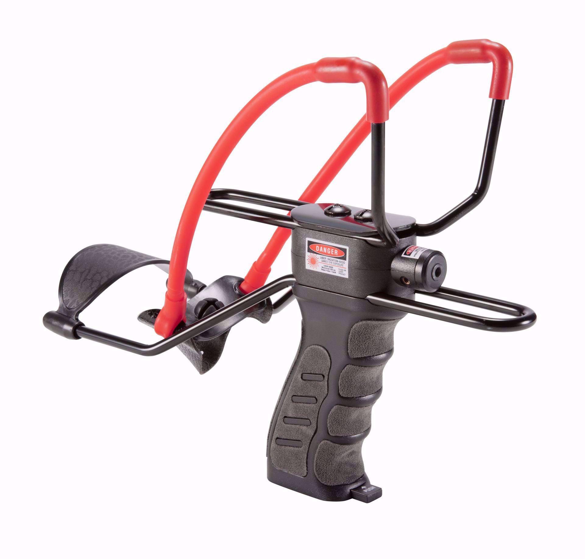 Black and red slingshot with laser sight, ergonomic grip, and wrist support on white background