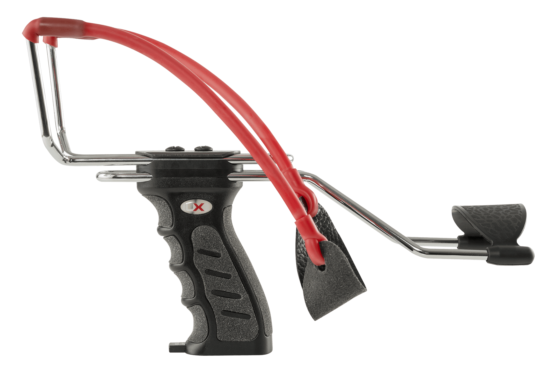 Black and red UX X-Shot slingshot with ergonomic grip and metal frame