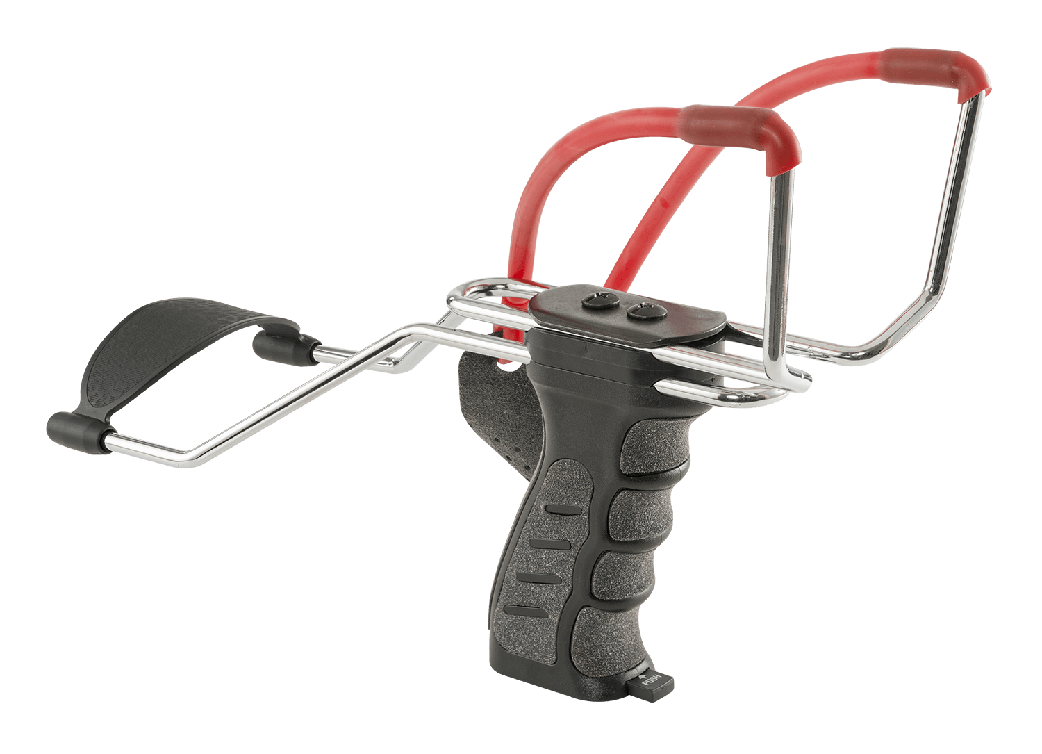 Black and red slingshot with ergonomic grip and metal frame on transparent background