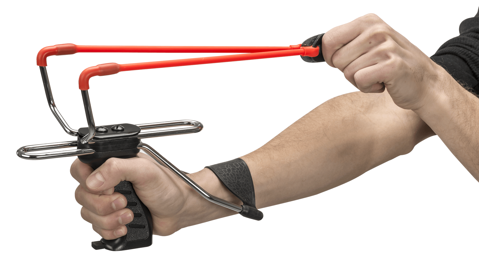 Hand holding and pulling orange band of UX X-Shot slingshot with wrist brace