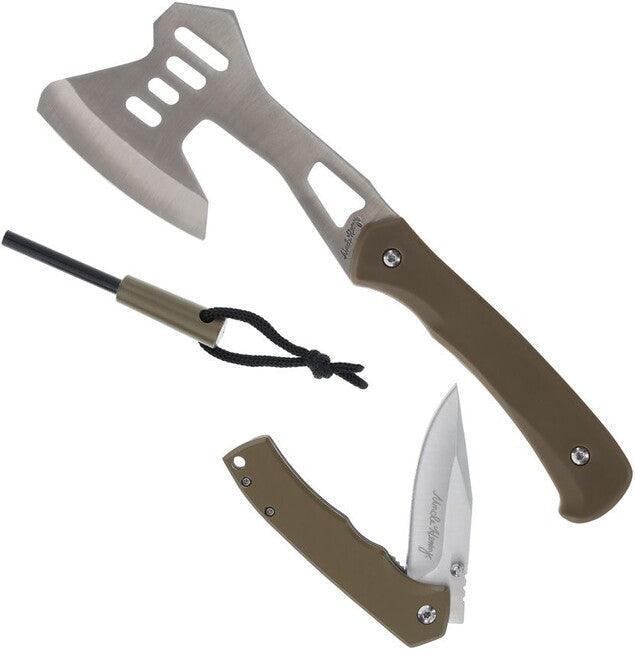 Uncle Henry 3-piece outdoor axe, folding knife, and fire starter set with brown handles