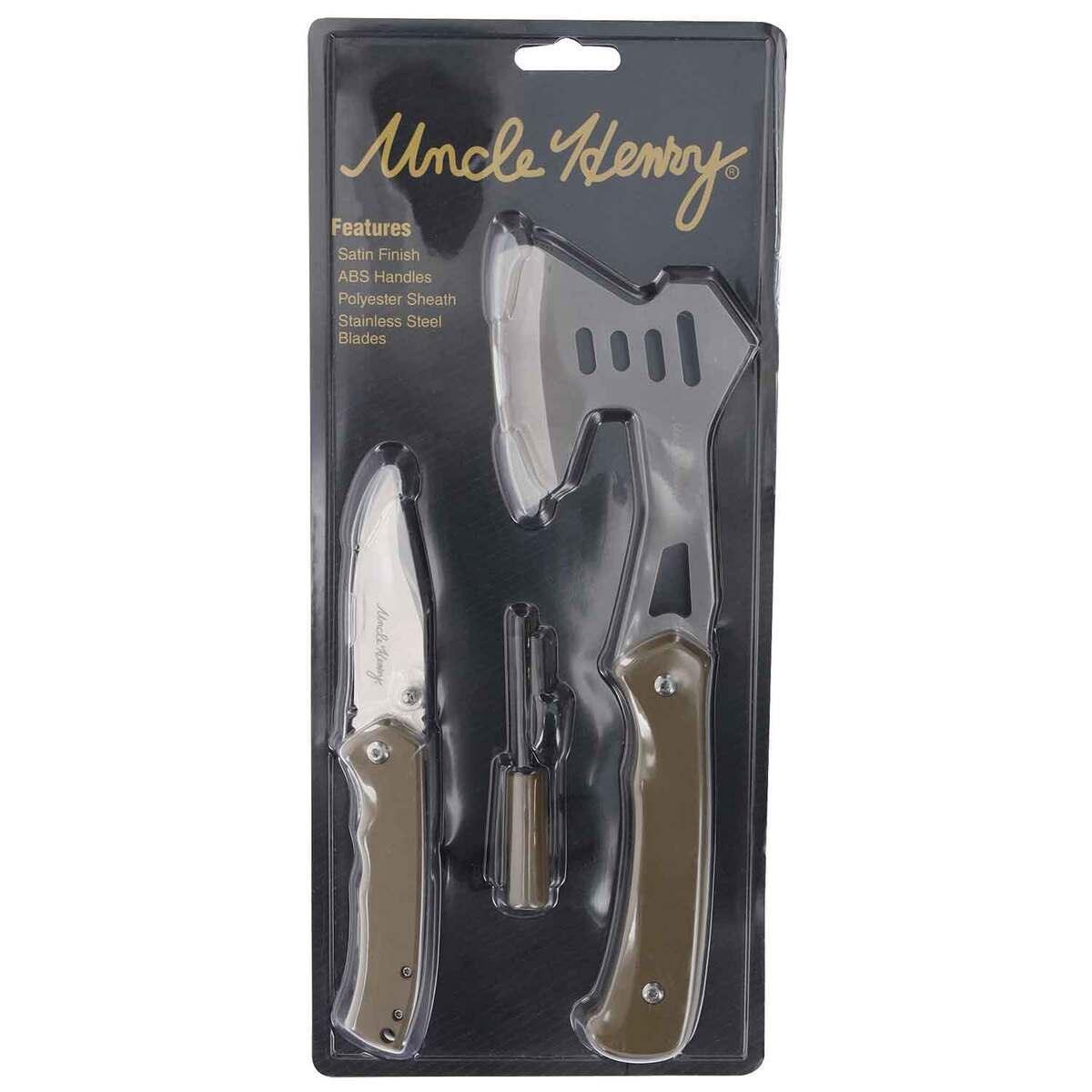 Uncle Henry 3-piece set in packaging with axe, folding knife, and tool for outdoor use