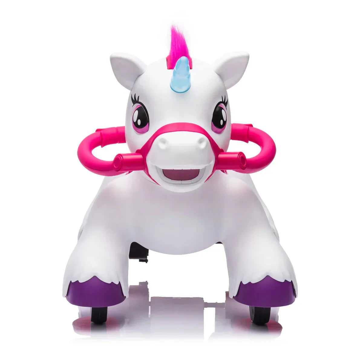 Kids ride-on unicorn toy with pink handles, wheels, and blue horn on white background