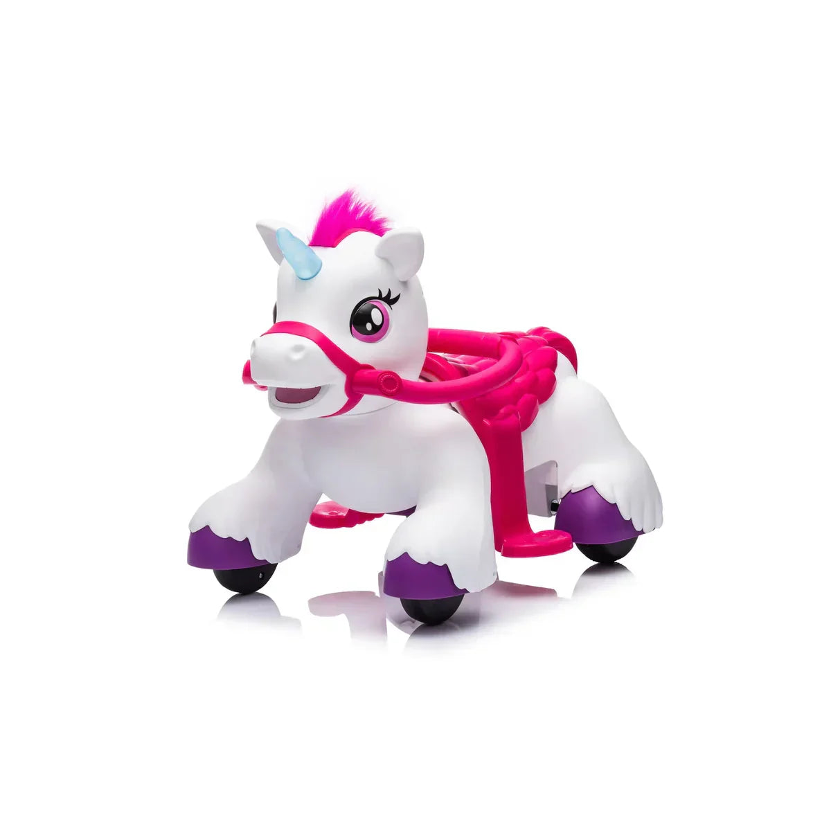 White unicorn ride-on toy with pink harness, purple hooves, and wheels on white background