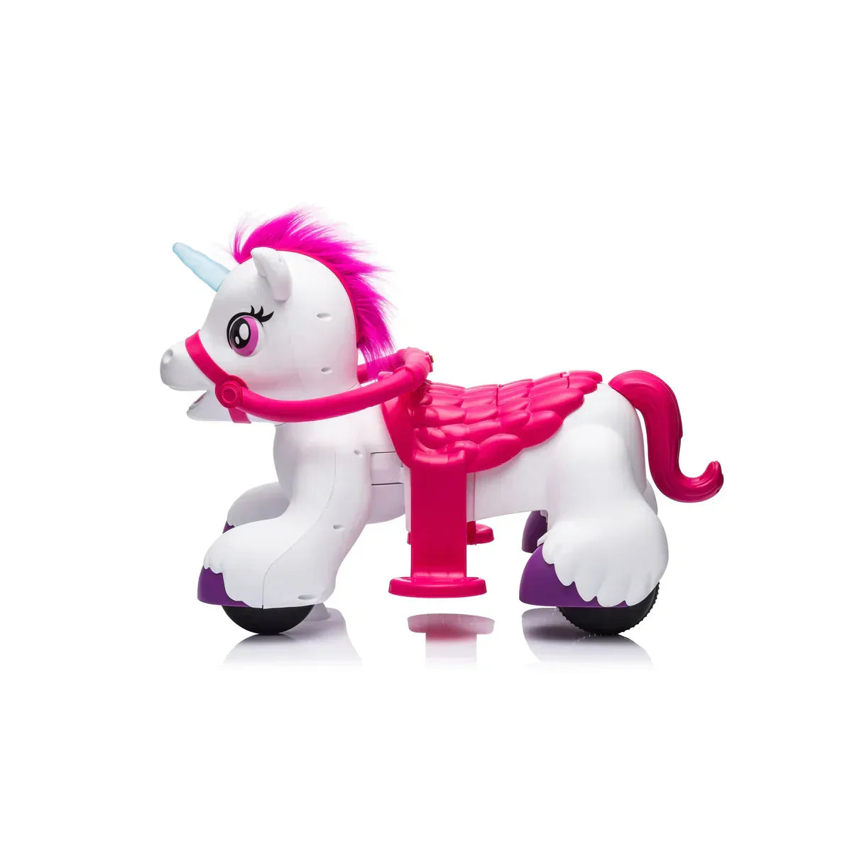 White and pink unicorn ride-on toy with wheels and purple accents on a white background