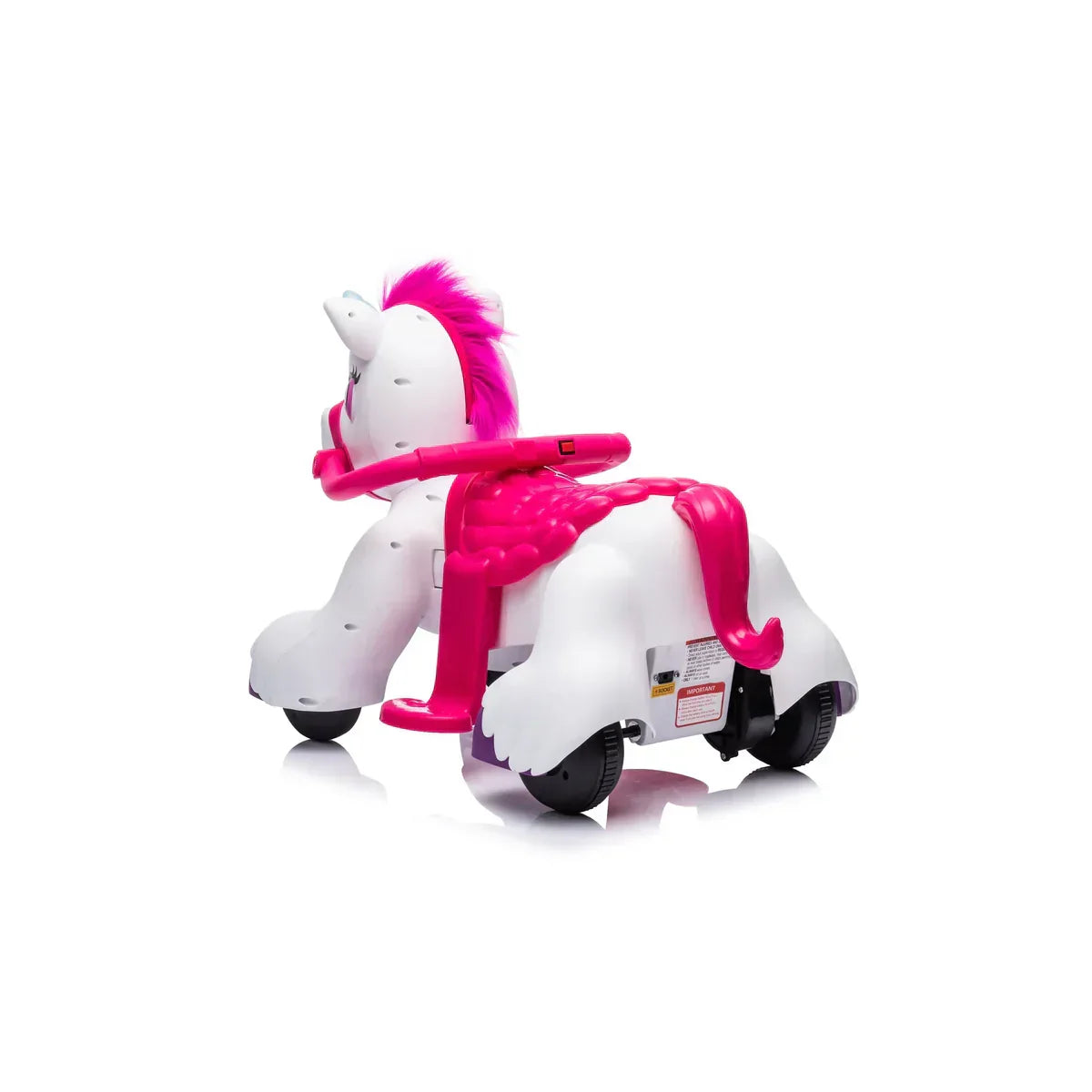 White and pink unicorn ride-on toy for kids with four wheels and handlebars