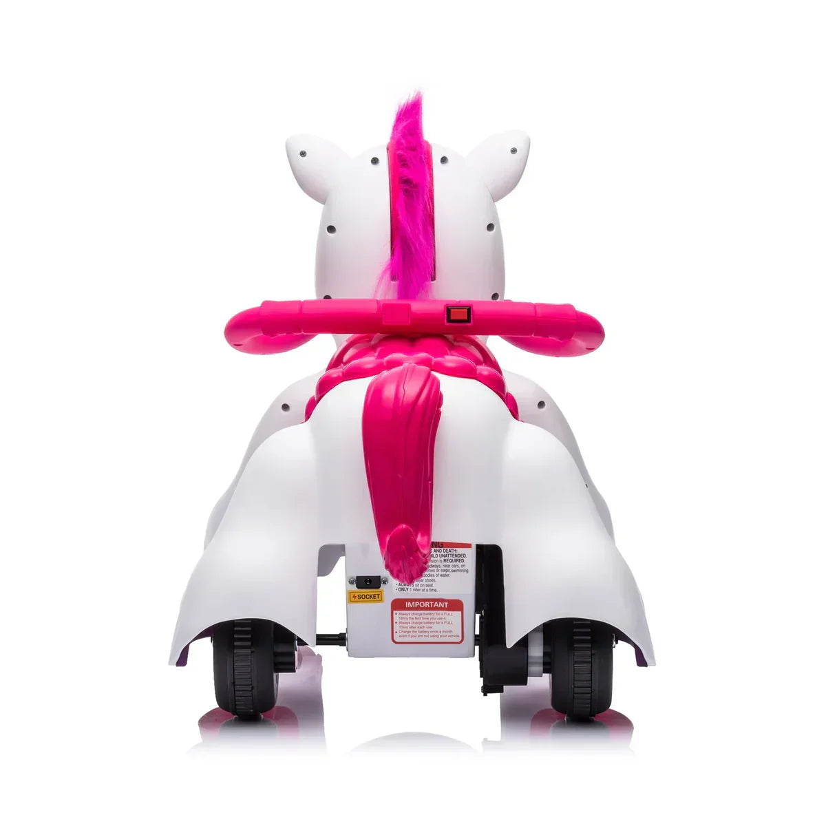 Rear view of white ride-on unicorn toy with pink mane and tail on white background