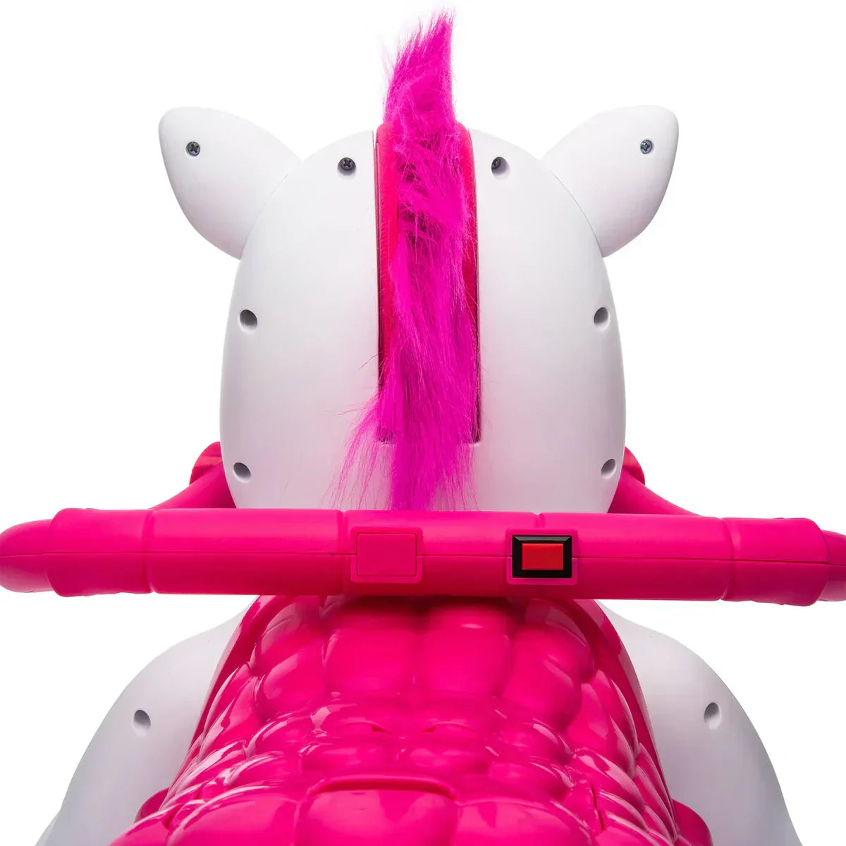Pink and white unicorn ride-on toy with handlebar and fuzzy pink mane