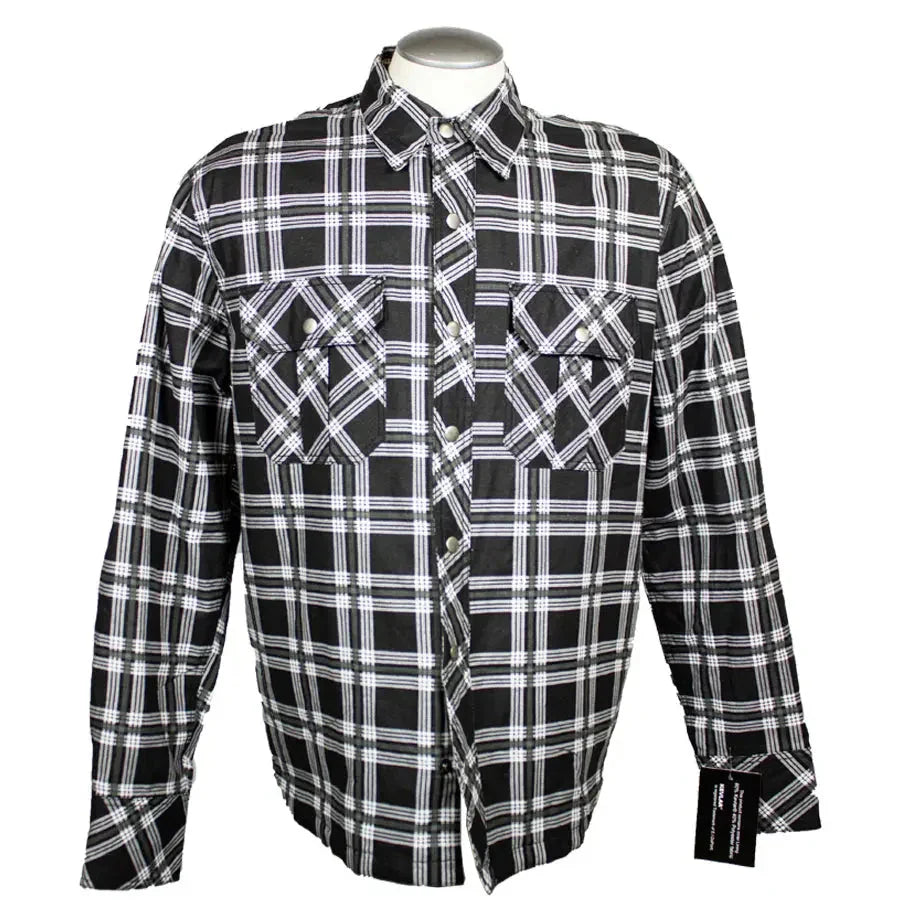 Men's black and white plaid flannel armored shirt jacket with snap buttons
