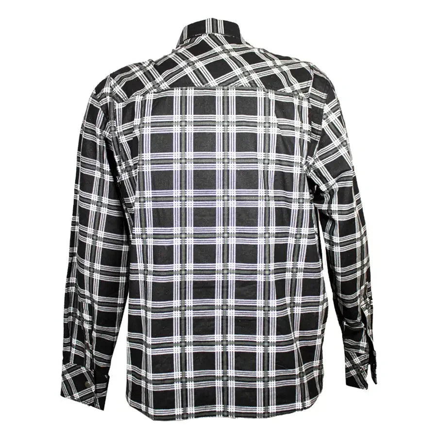 Men's black and white plaid flannel armored shirt jacket, back view