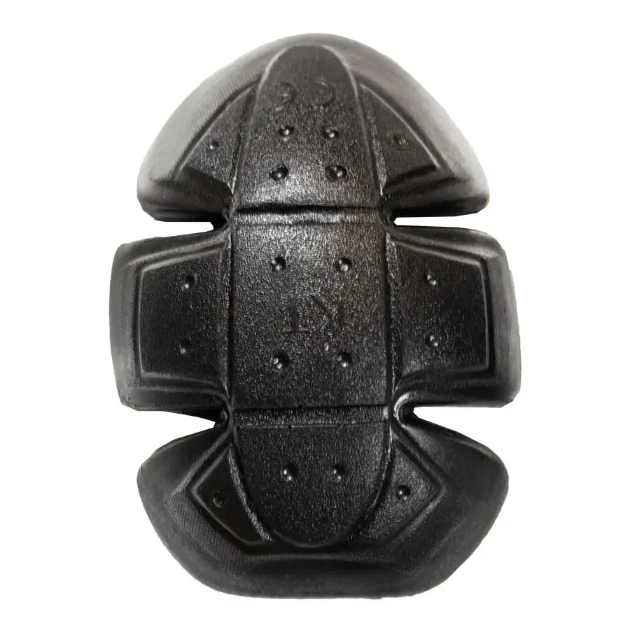 Black motorcycle jacket shoulder armor, vented, protective CE-rated insert on white background