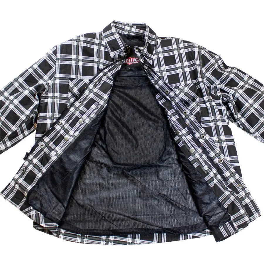 Black and white plaid men's flannel armored shirt jacket with open mesh lining