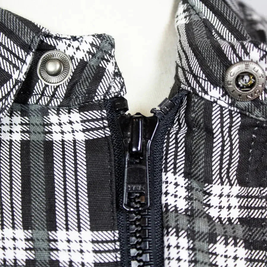 Close-up of black and white plaid flannel shirt jacket with zipper and snap buttons
