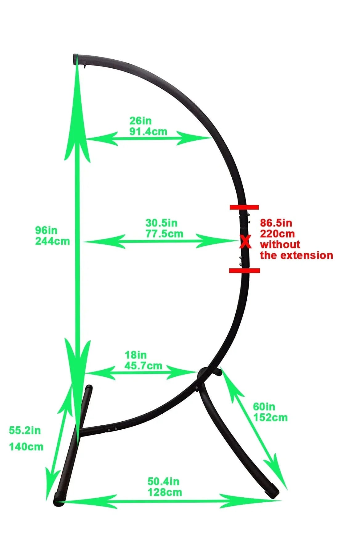 Hammock chair stand with labeled dimensions in inches and centimeters on white background