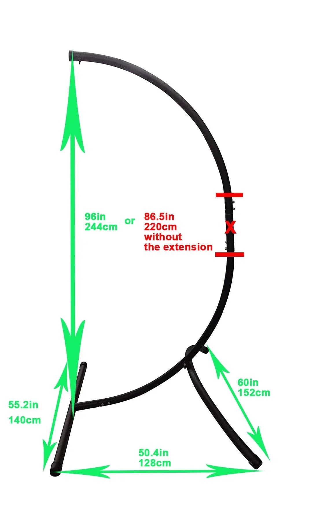 Hammock chair stand dimensions chart with black metal frame and green measurement labels