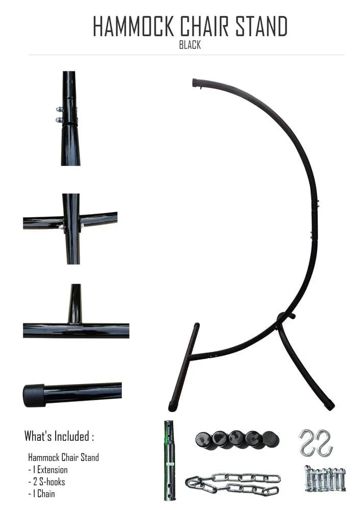 Black hammock chair stand with extension, S-hooks, chain, and hardware included.