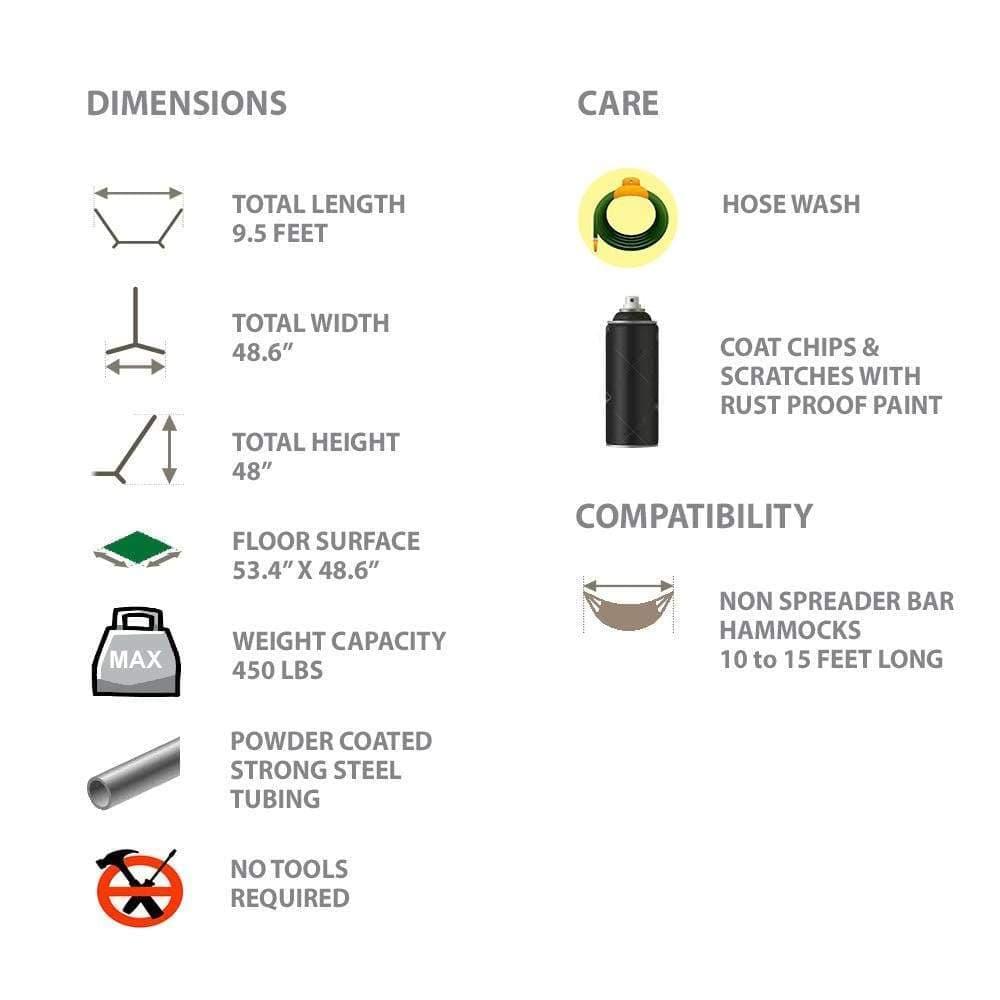 Universal hammock stand specifications chart with dimensions, care, and compatibility details.
