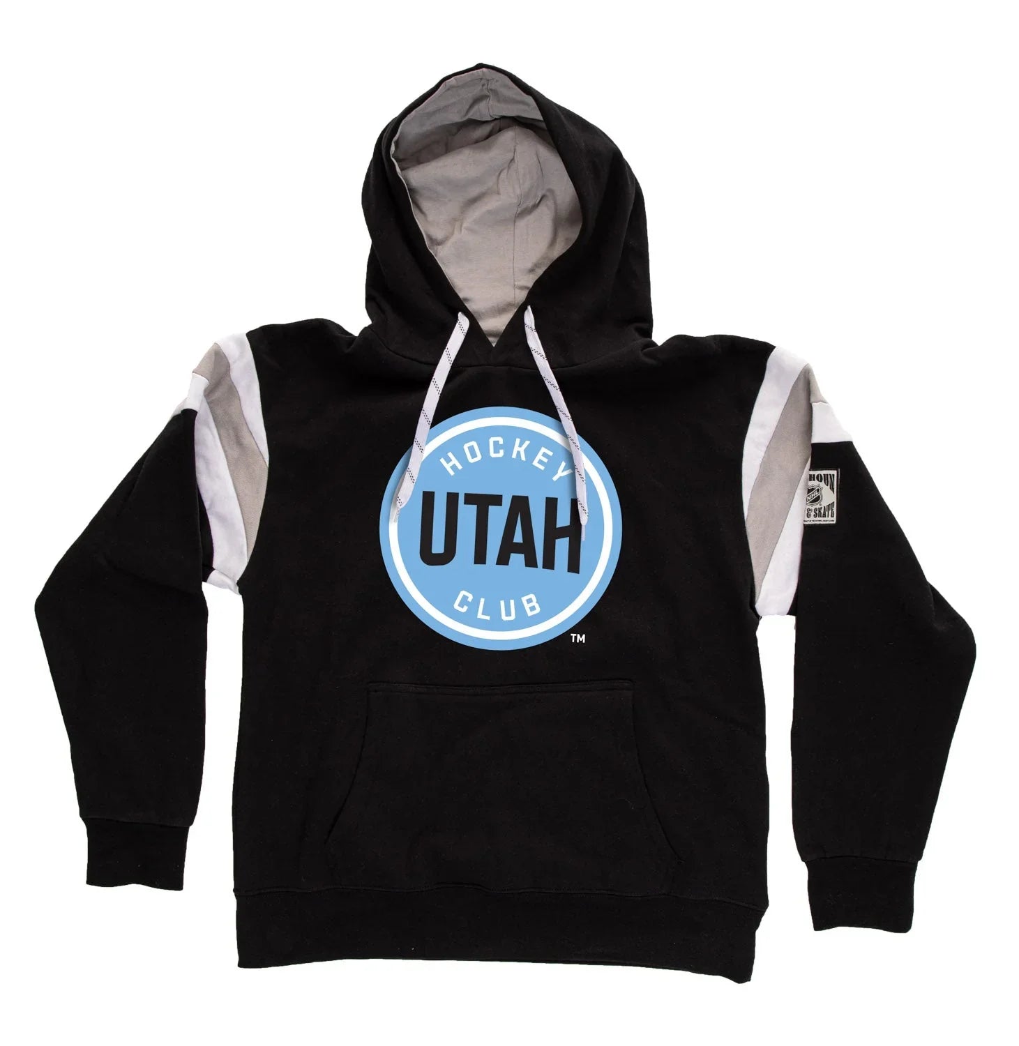 Utah Hockey Club black hoodie with blue logo and white-gray sleeve accents