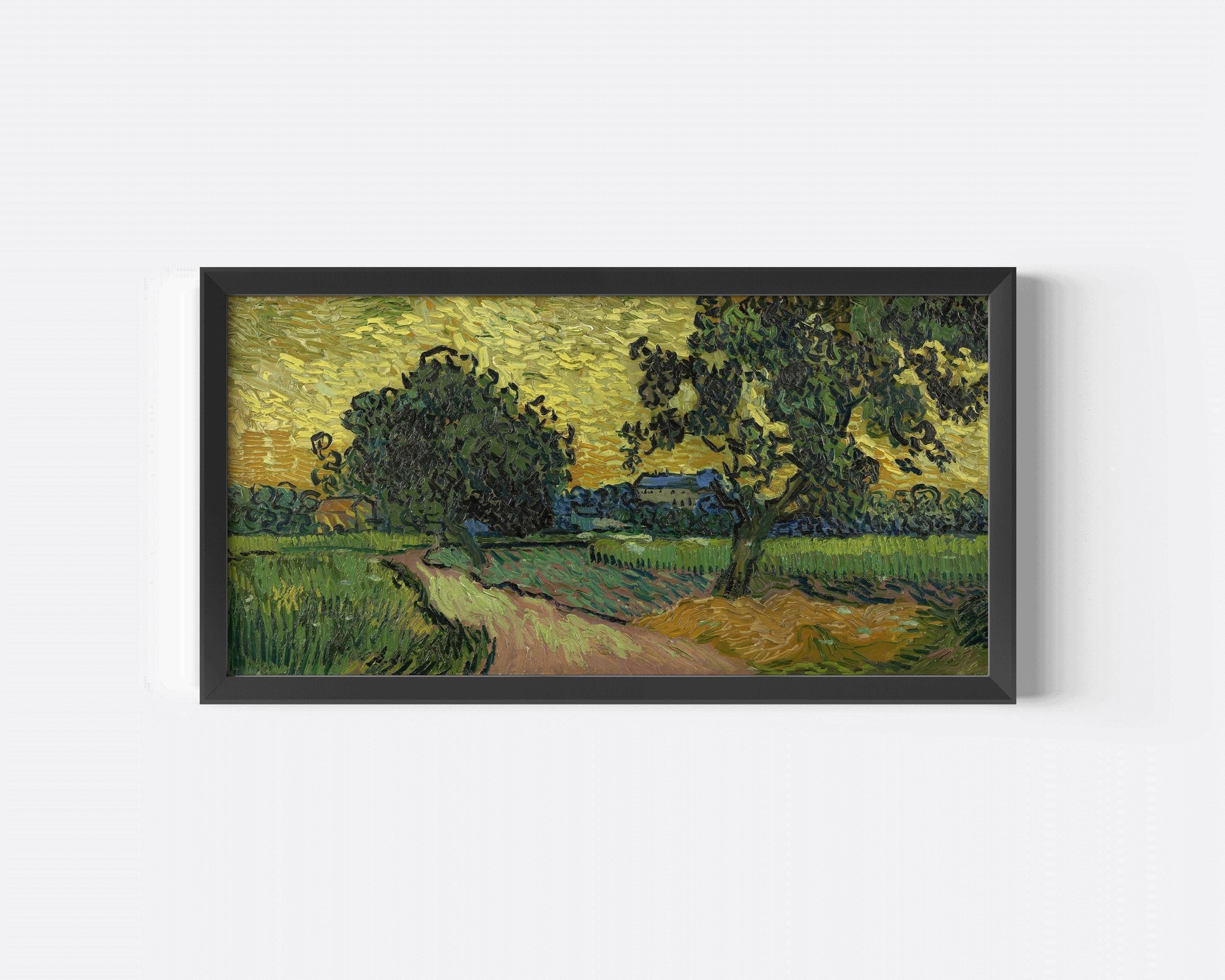 Vincent van Gogh landscape painting with path, trees, sunset sky in black frame