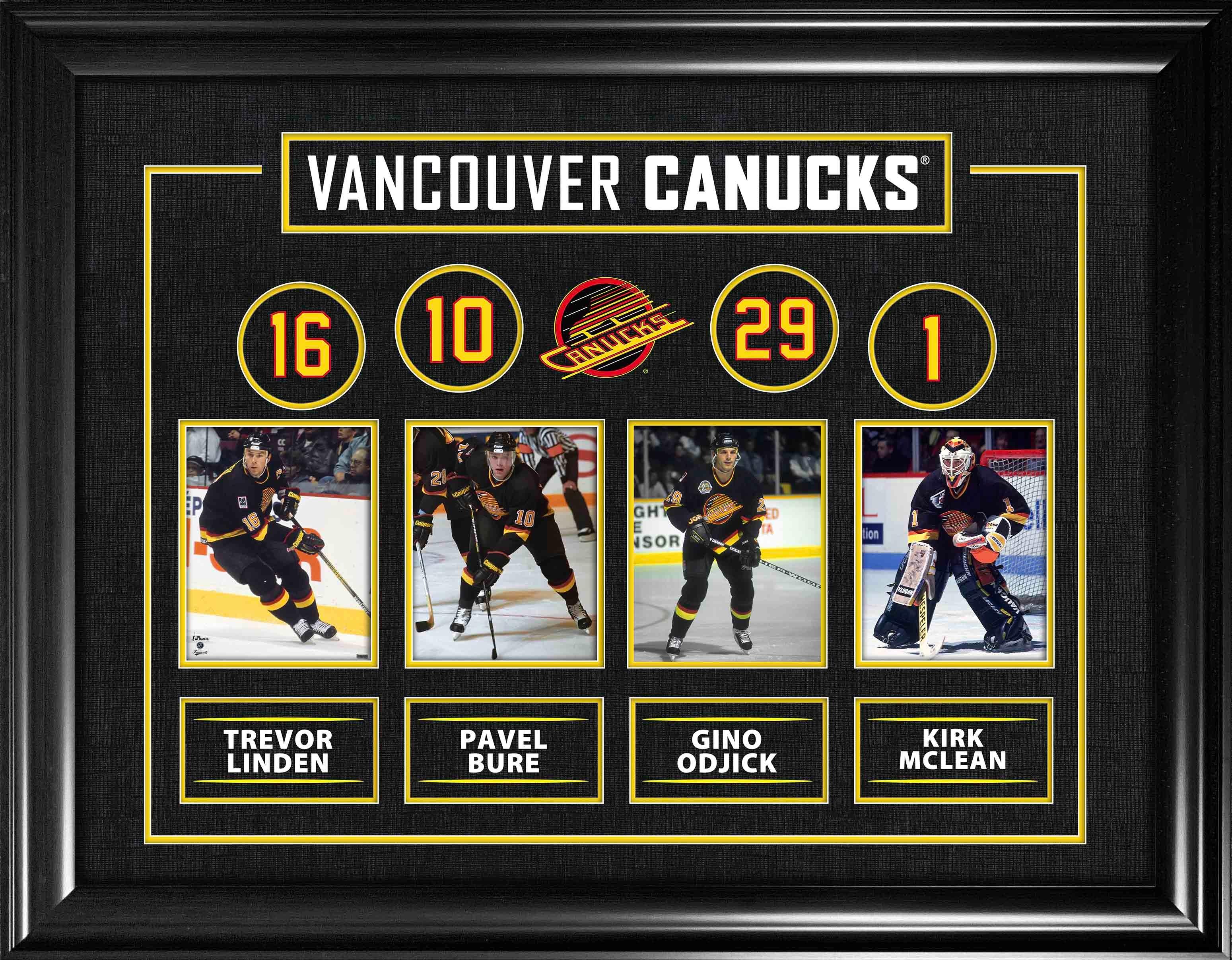 Vancouver Canucks framed collage with photos of four players in black jerseys and their names