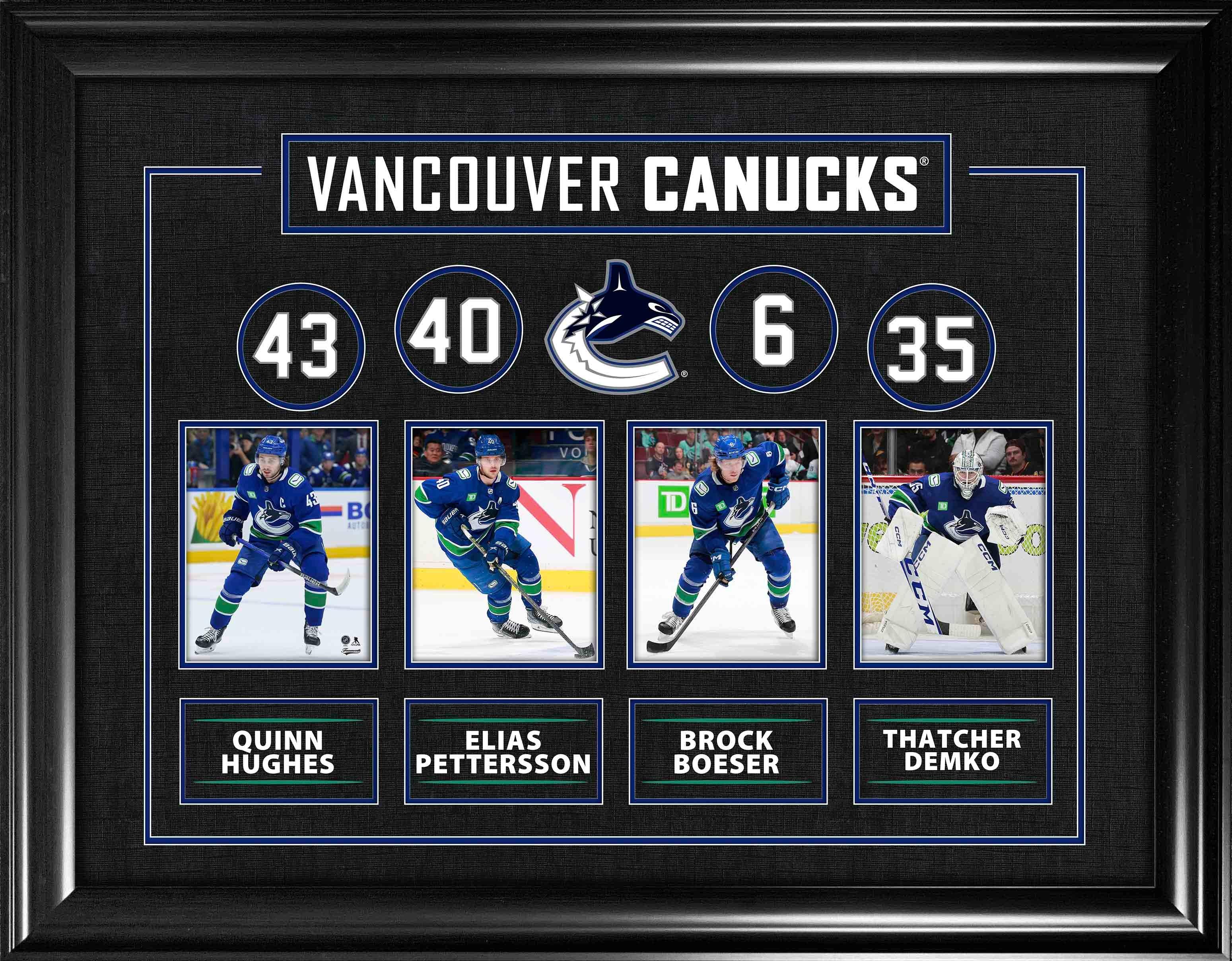 Vancouver Canucks framed collage with Hughes, Pettersson, Boeser, Demko in hockey uniforms