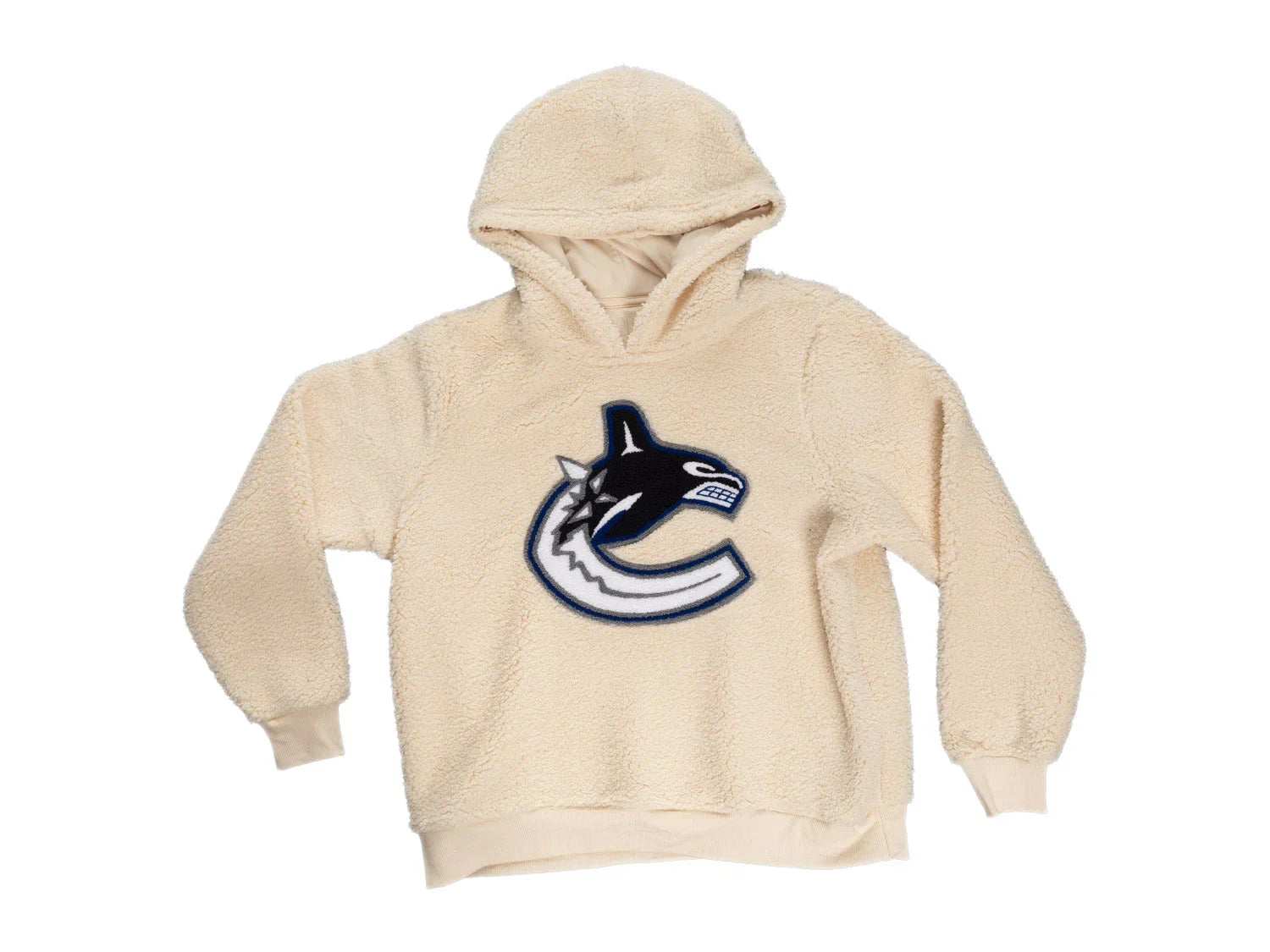 Beige sherpa hoodie with Vancouver Canucks logo, NHL team fleece sweatshirt on white background