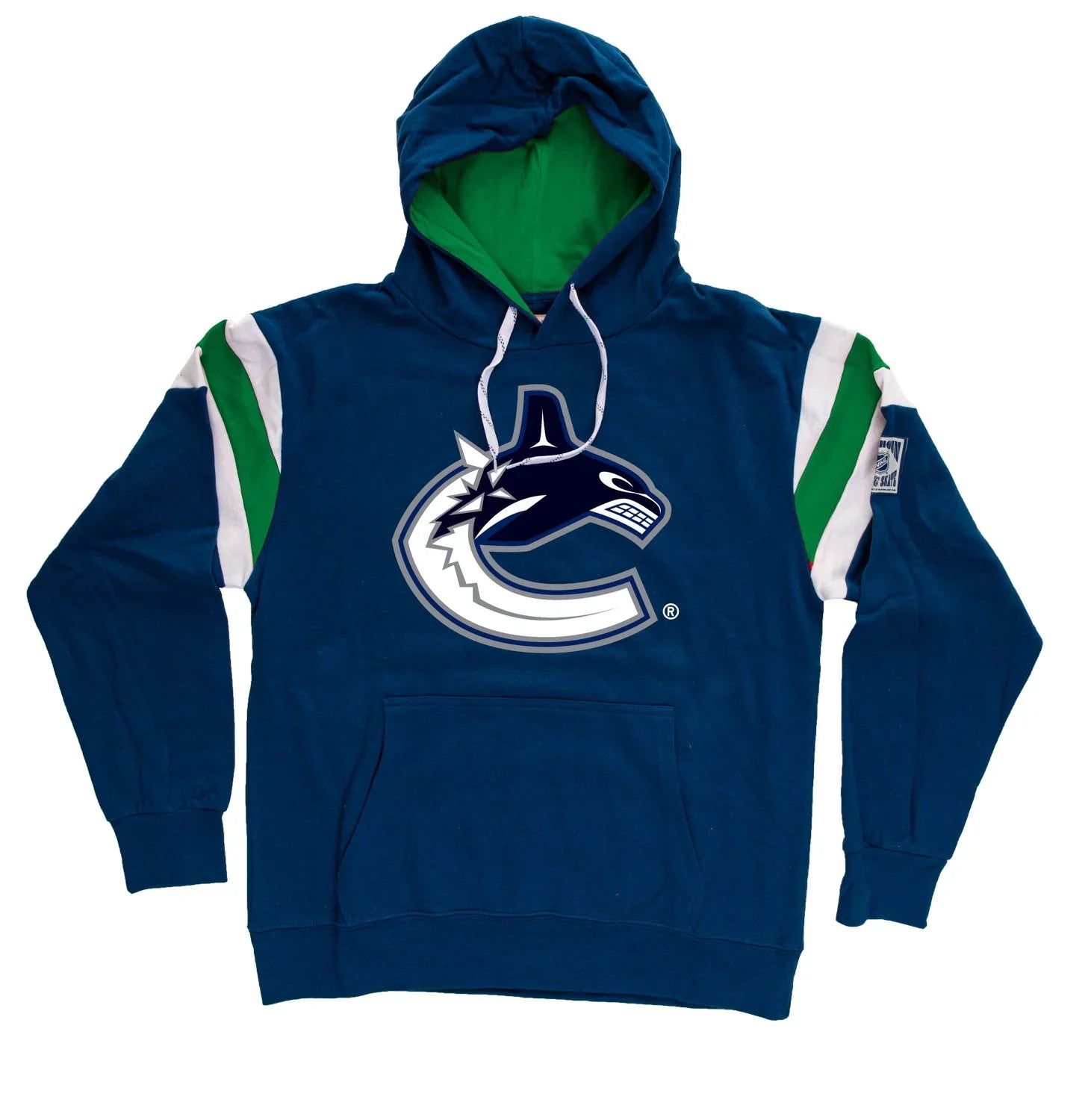 Vancouver Canucks varsity blue hoodie with large logo, green and white sleeve stripes