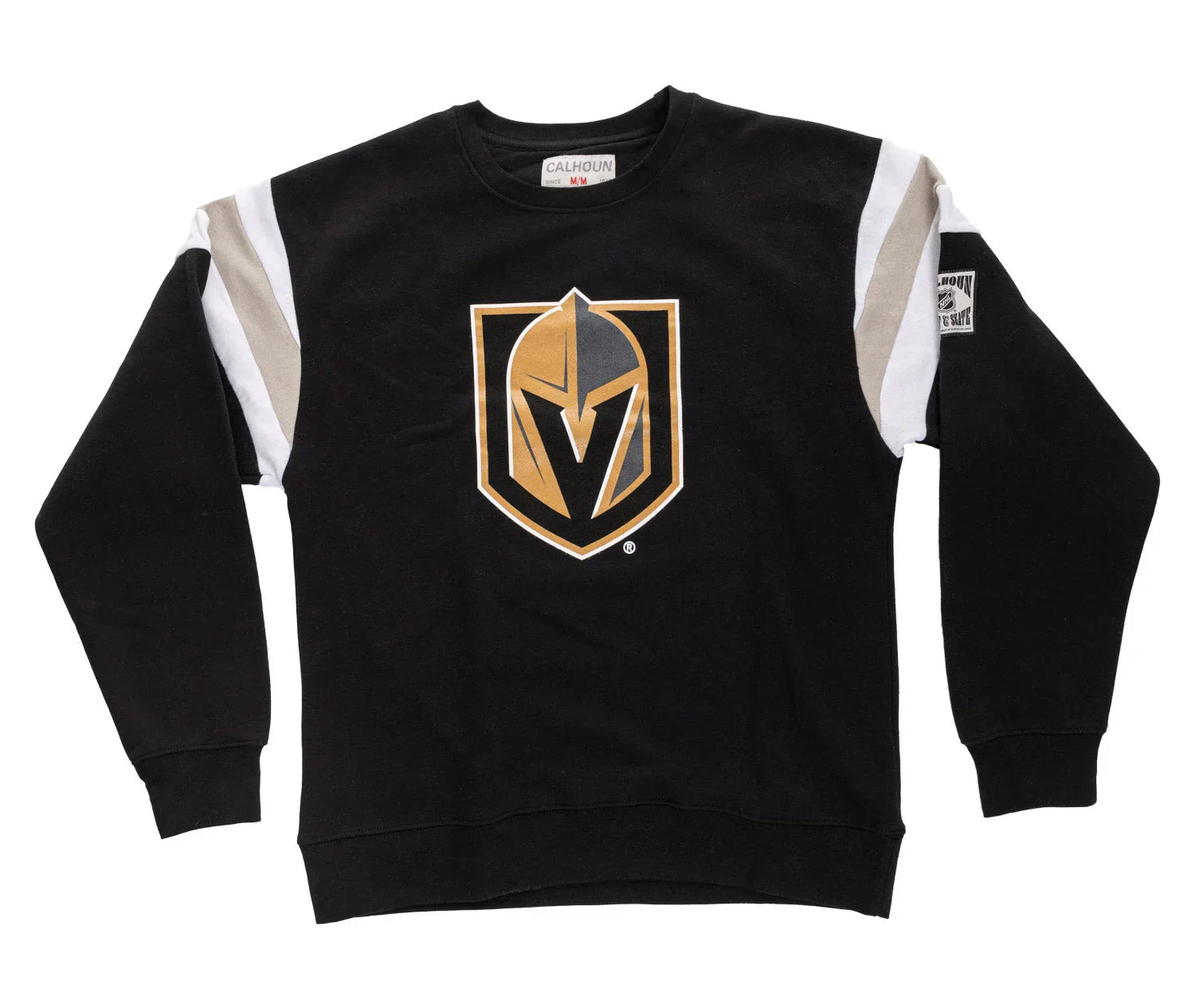 Black Vegas Golden Knights varsity crewneck sweatshirt with gold logo and white sleeve accents
