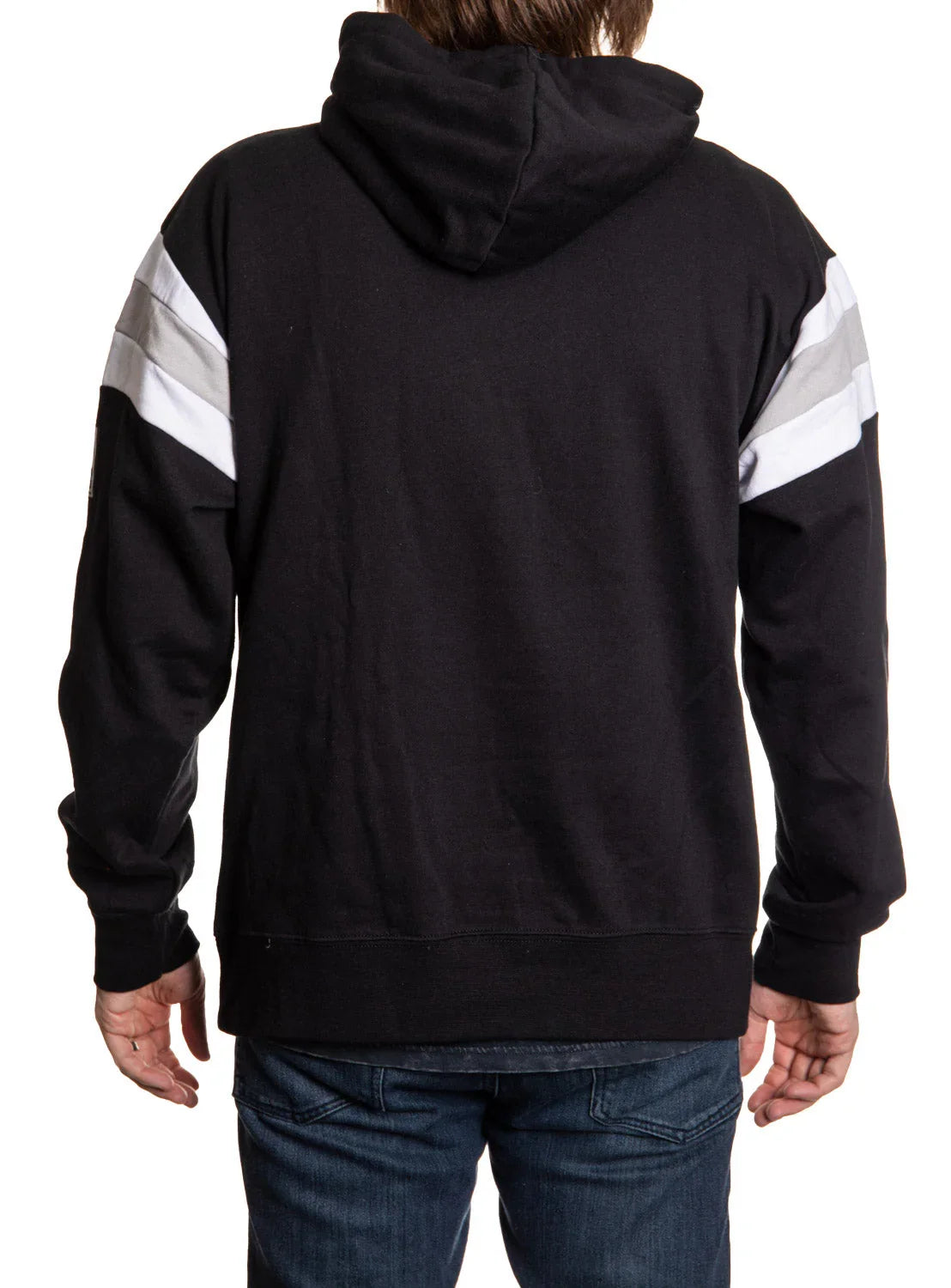 Back view black varsity hoodie with white and gray stripes on sleeves