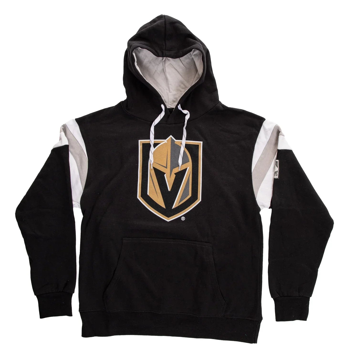 Black Vegas Golden Knights varsity hoodie with gold and white logo and colorblock sleeves