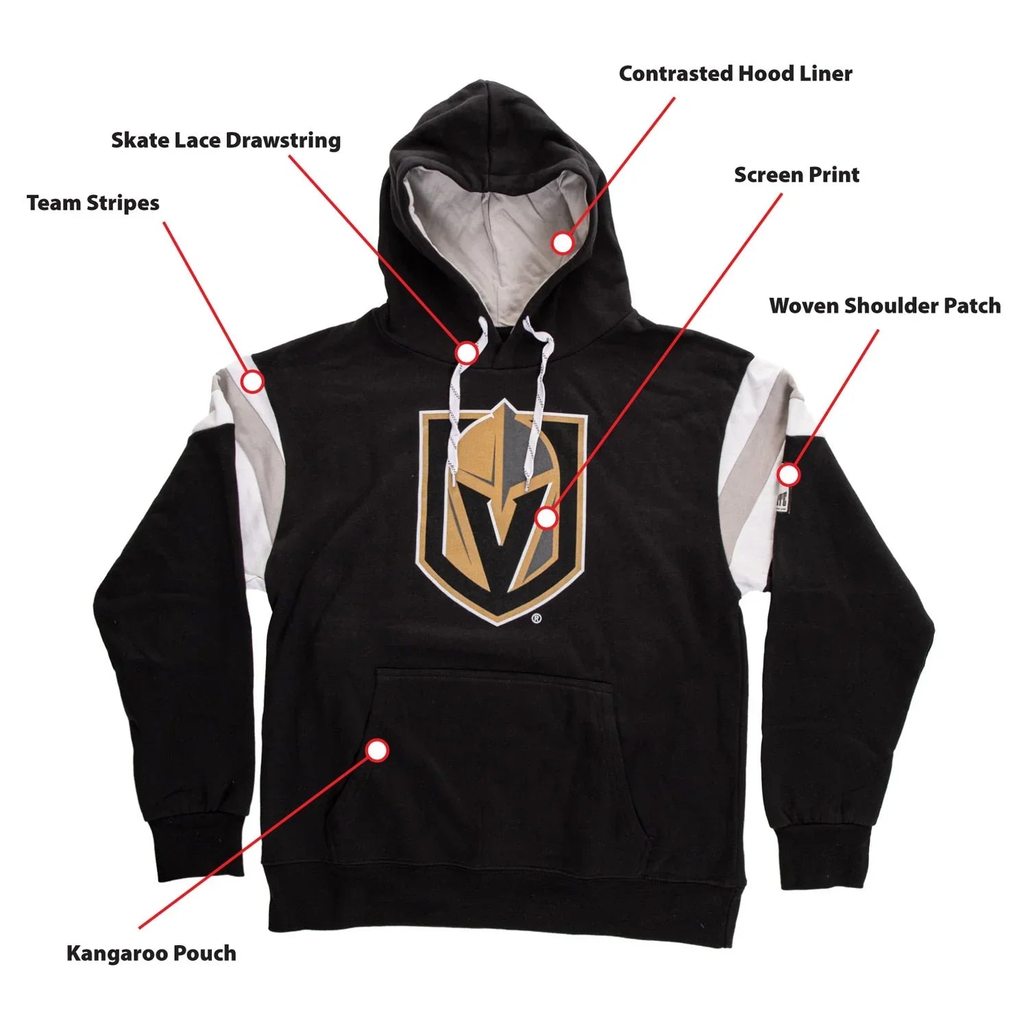 Black Vegas Golden Knights varsity hoodie with gold team logo, team stripes, and kangaroo pouch