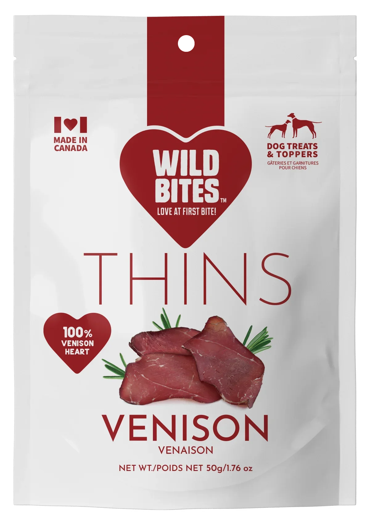 Wild Bites Venison Thins dog treats, 100% venison heart, 50g resealable pouch, made in Canada