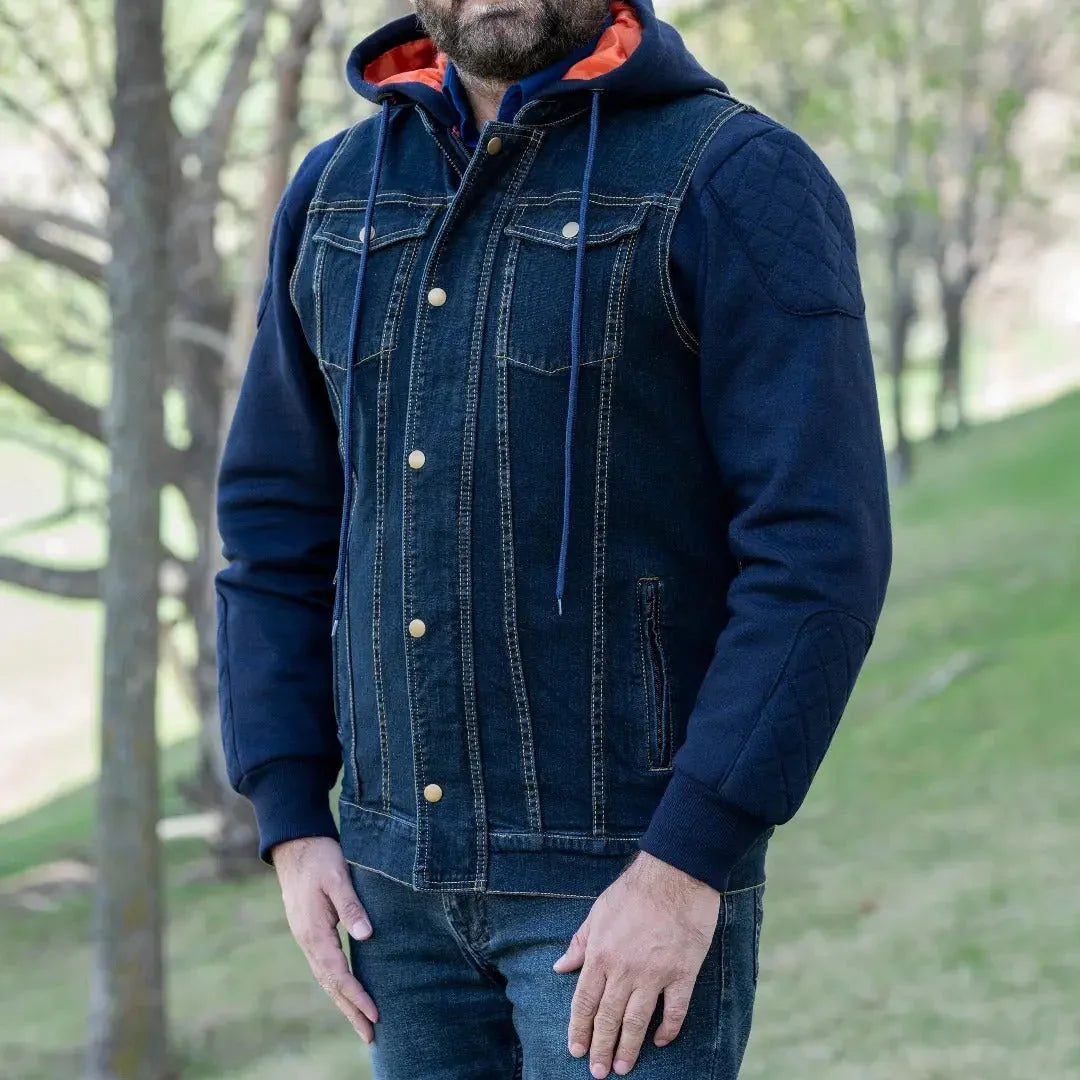 Men’s versatile denim vest with hoodie and jeans in an outdoor park setting