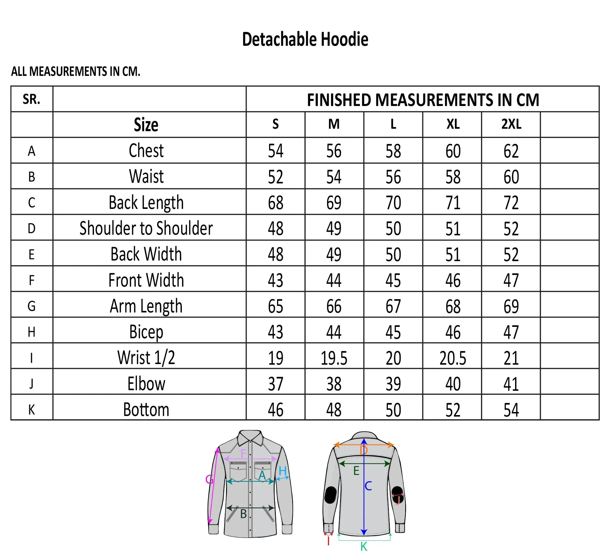 Detachable hoodie size chart with measurements in cm for S to 2XL, plus illustrated guide.