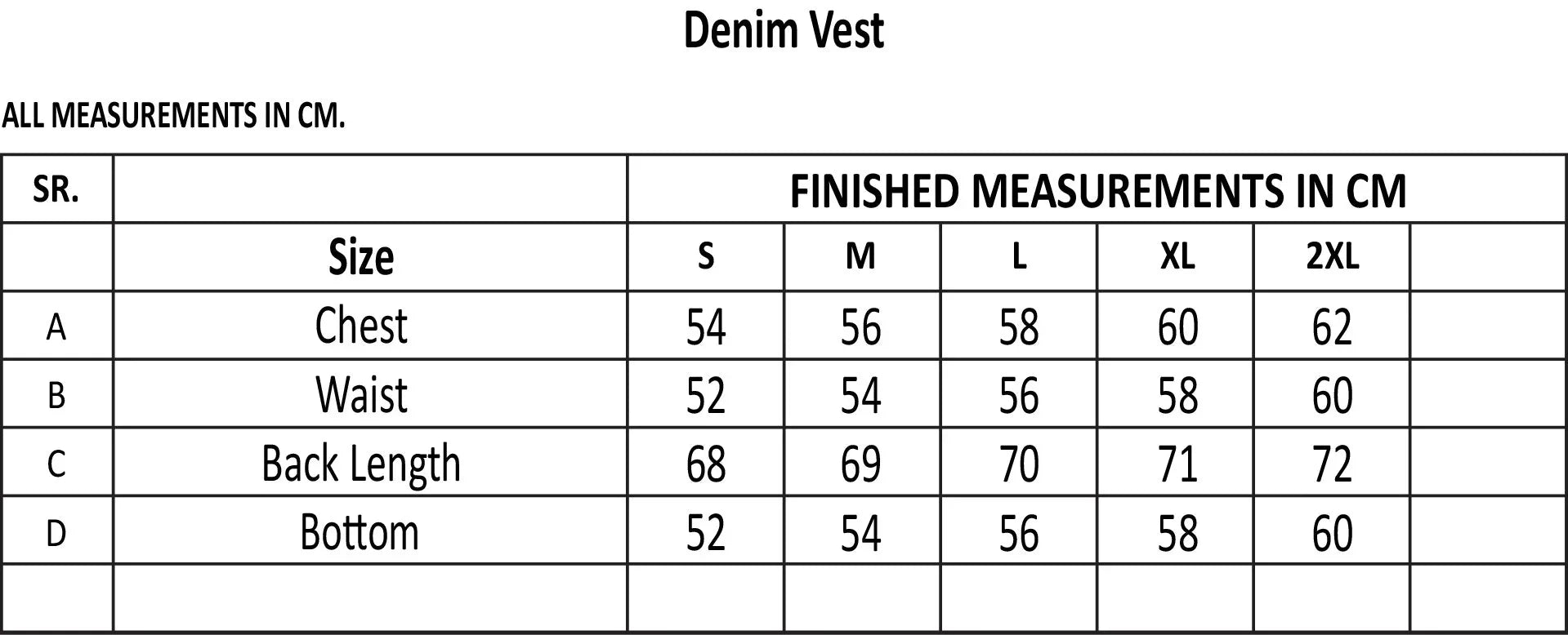 Denim vest size chart showing chest, waist, back length, bottom in cm for S to 2XL.
