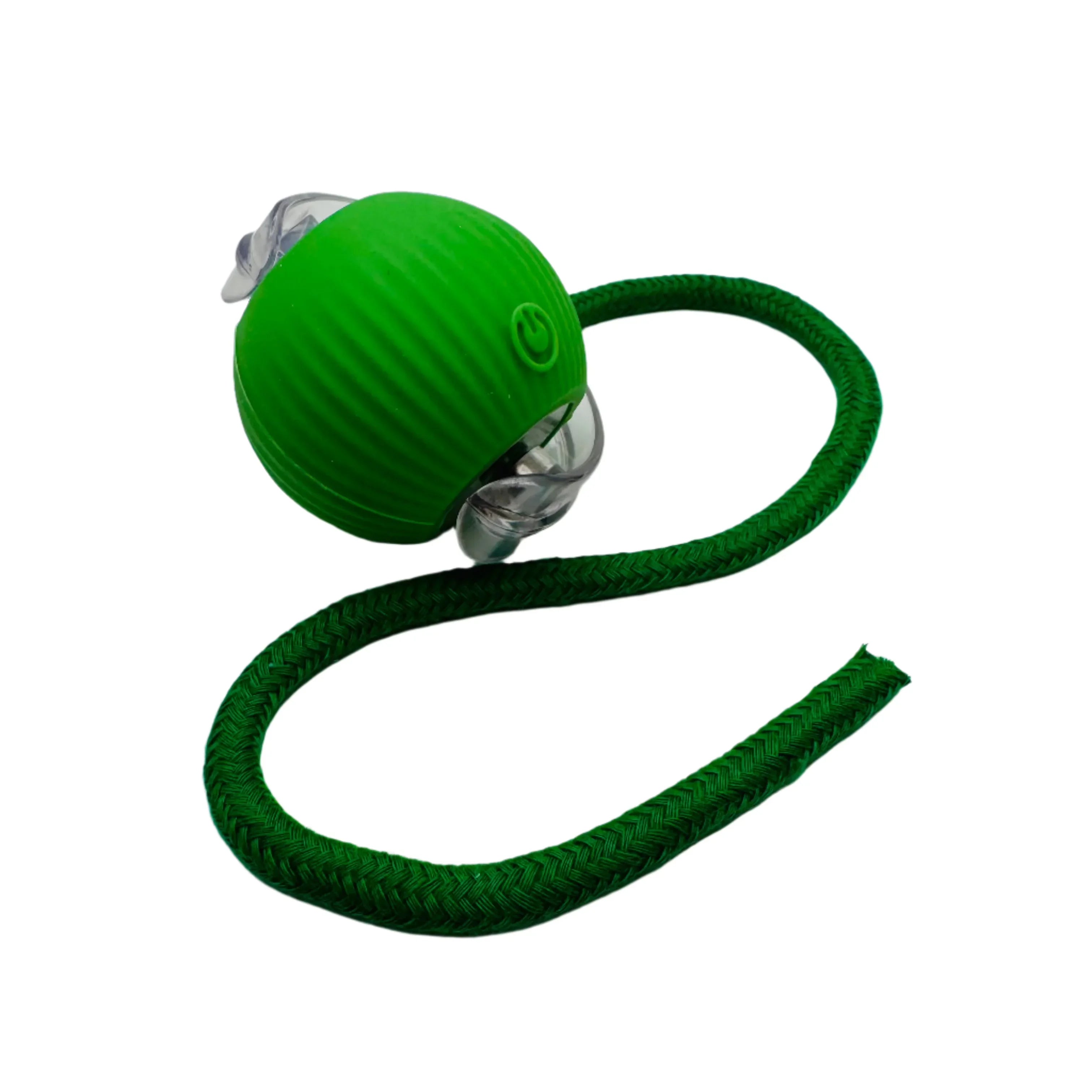 Green interactive pet toy ball with rope and transparent attachments on white background